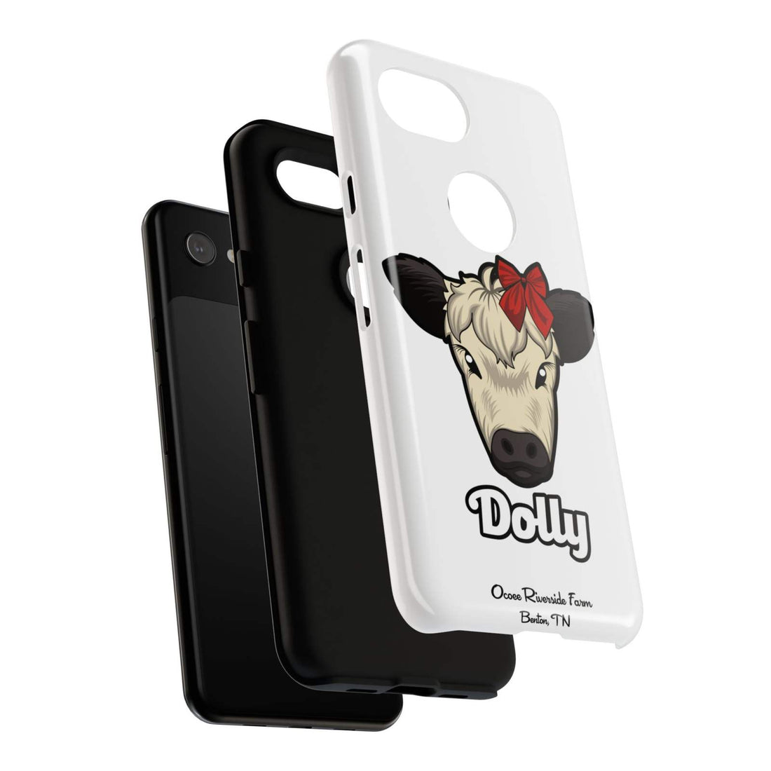 Farmhouse Chic Phone Case with Dolly the Cow design and red bow, offering rustic charm and modern protection.