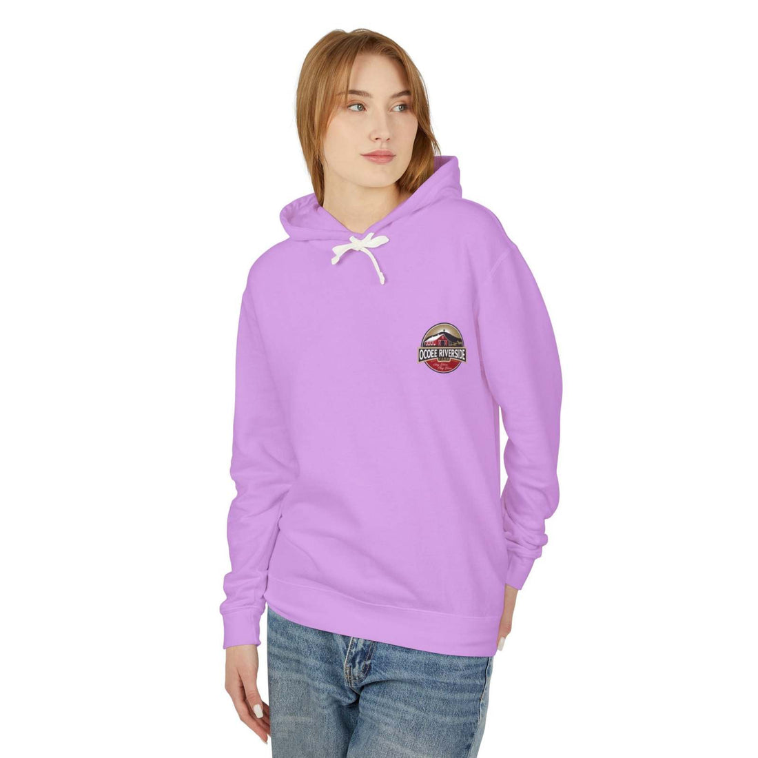 Unisex hooded sweatshirt in lavender with Ocoee Riverside Farm cow design, made from 100% ring-spun cotton, featuring a jersey-lined hood and relaxed fit.