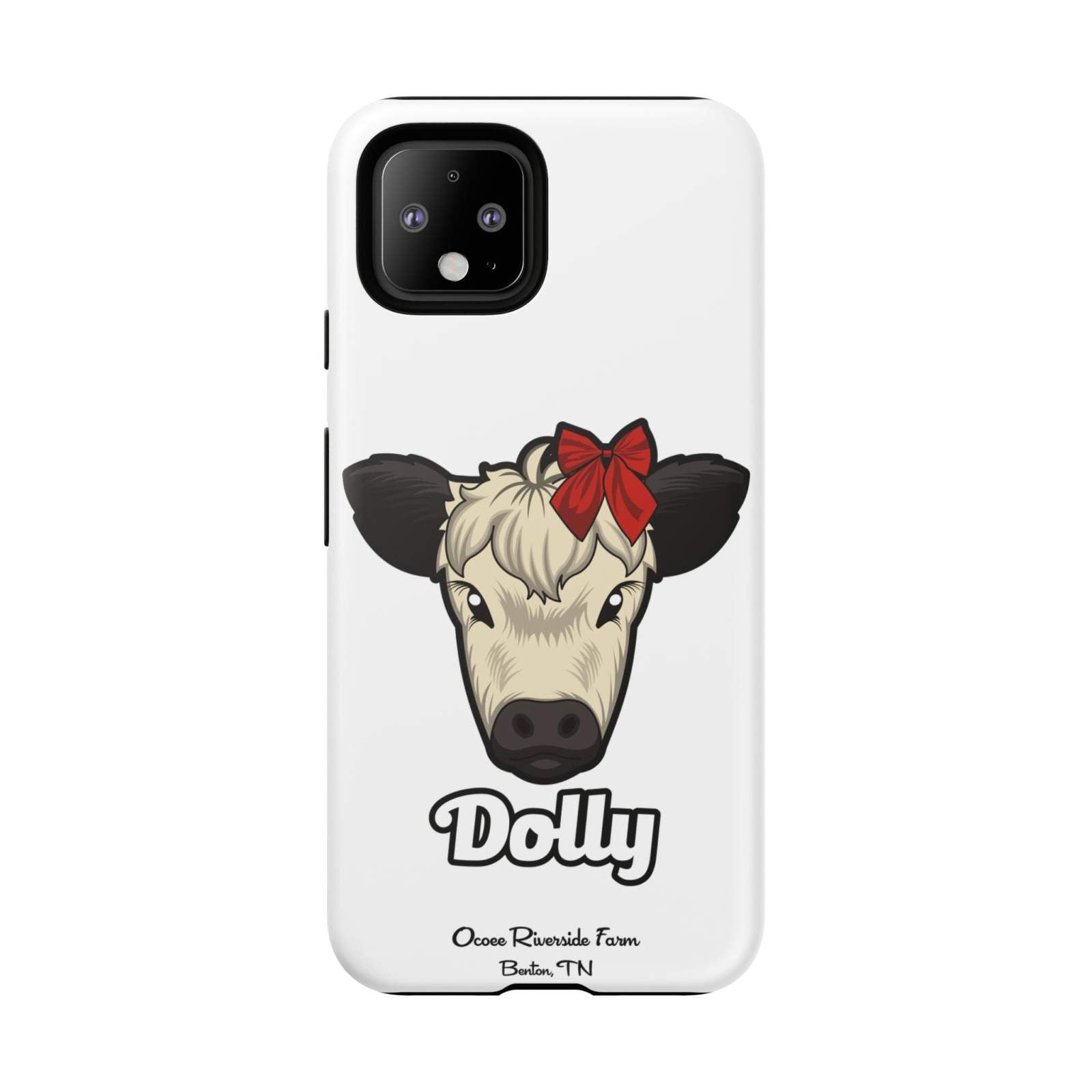Farmhouse Chic Phone Case featuring Dolly the cow with a red bow, durable protective design for smartphones.