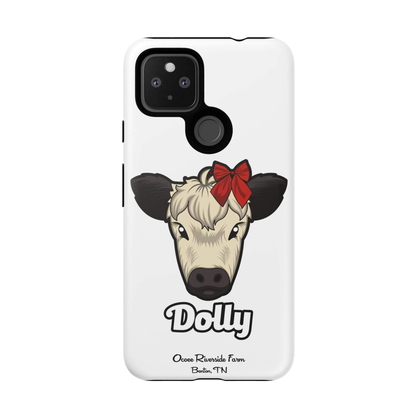 Farmhouse Chic Phone Case with Dolly the cow wearing a red bow on white background, durable and stylish protective phone cover.