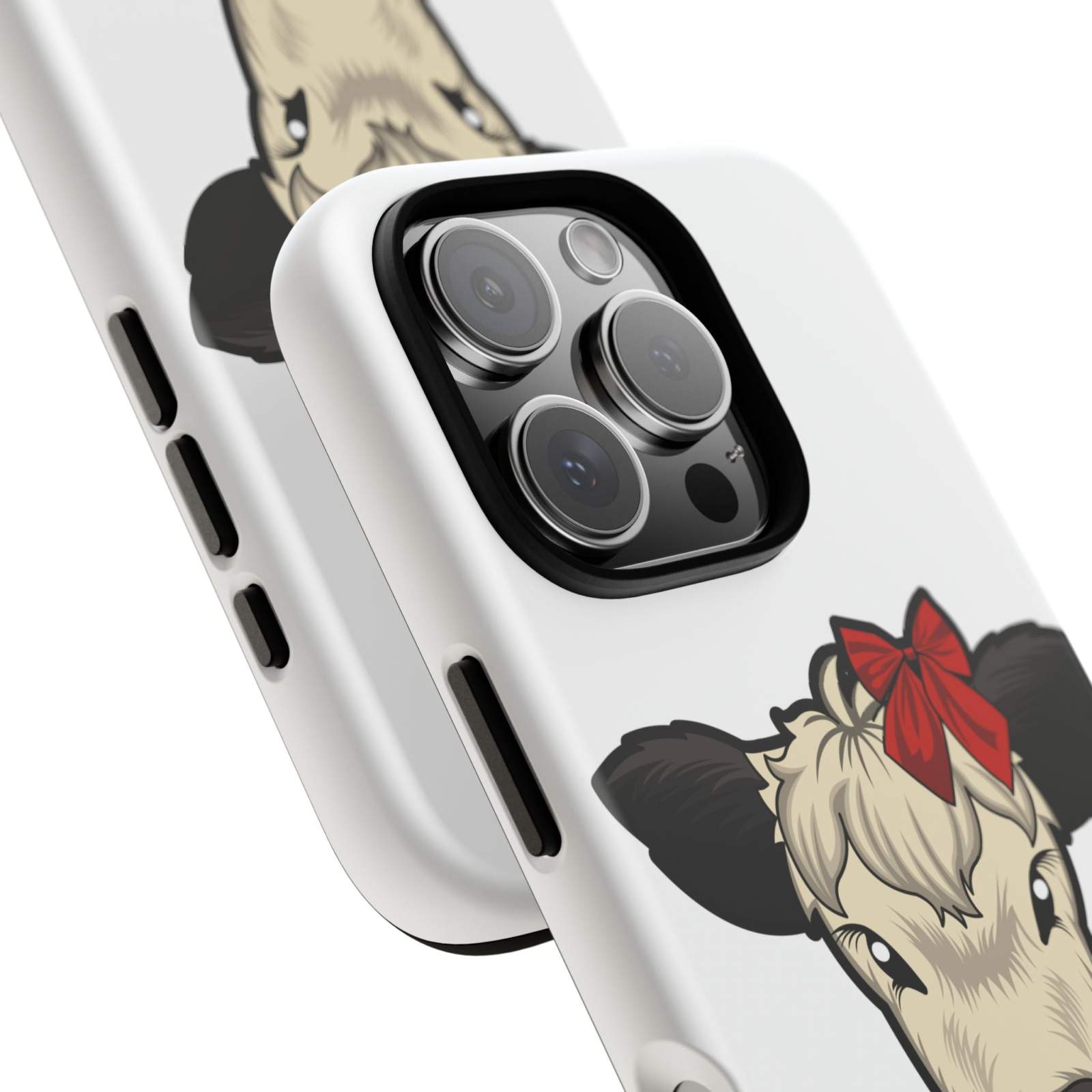 Farmhouse Chic phone case with Dolly the cow and red bow design.