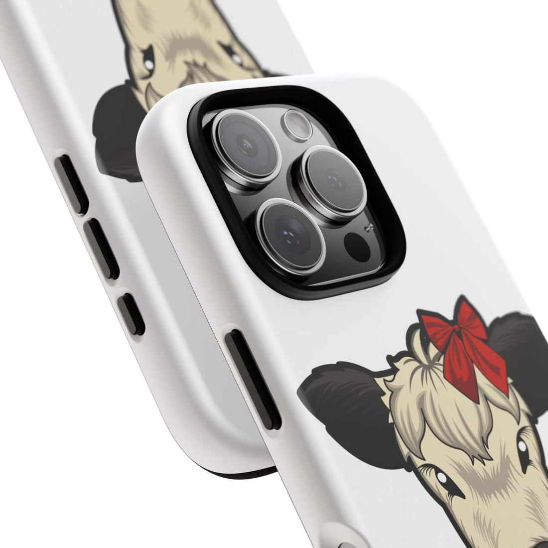 Farmhouse Chic phone case with Dolly the cow and red bow design.