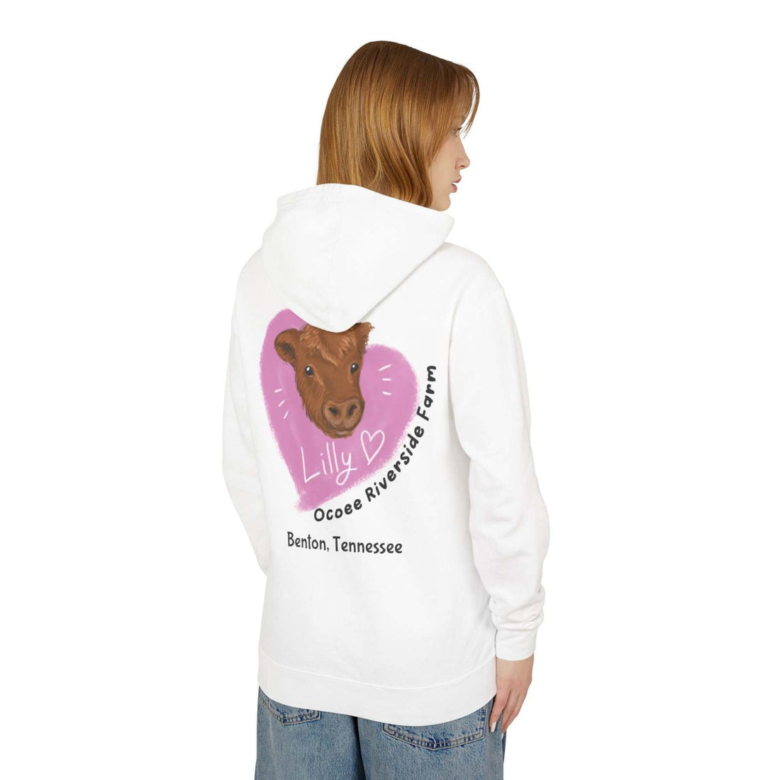 Unisex white Cute Cow Hoodie with a brown cow graphic and pink heart on the back from Ocoee Riverside Farm, Benton Tennessee, lightweight and comfortable sweatshirt.