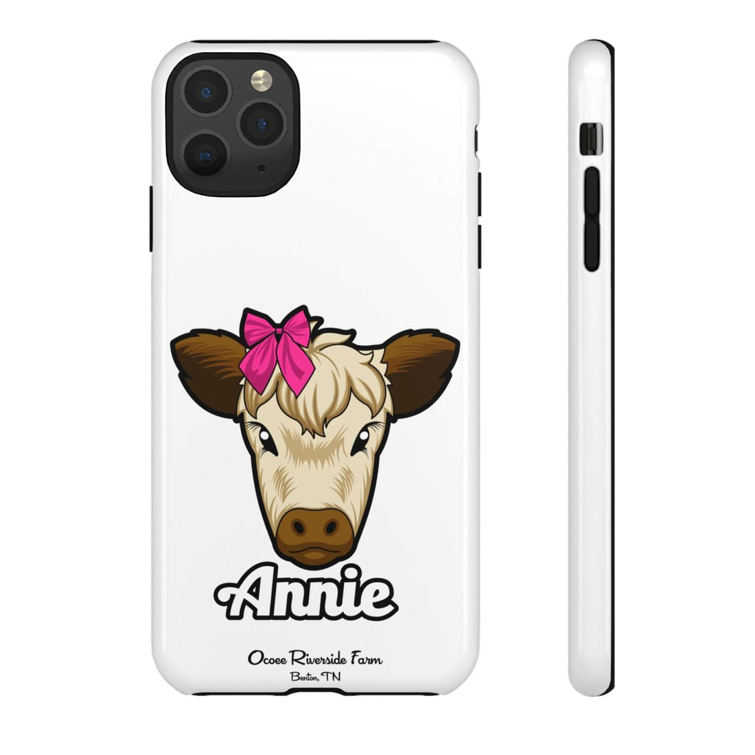 Cute cow phone case with red bow design, ideal farm animal lover gift.