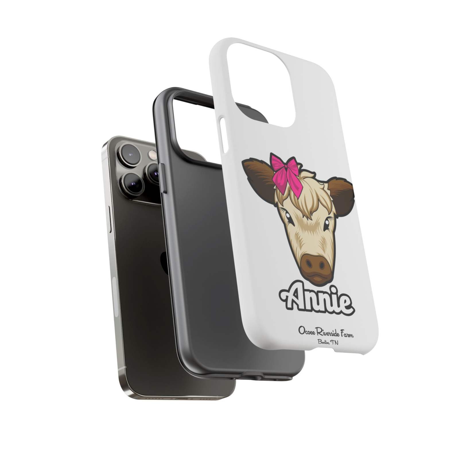 Cute farmhouse design "Annie the Cow" phone case with red bow, ideal farm animal lover gift.