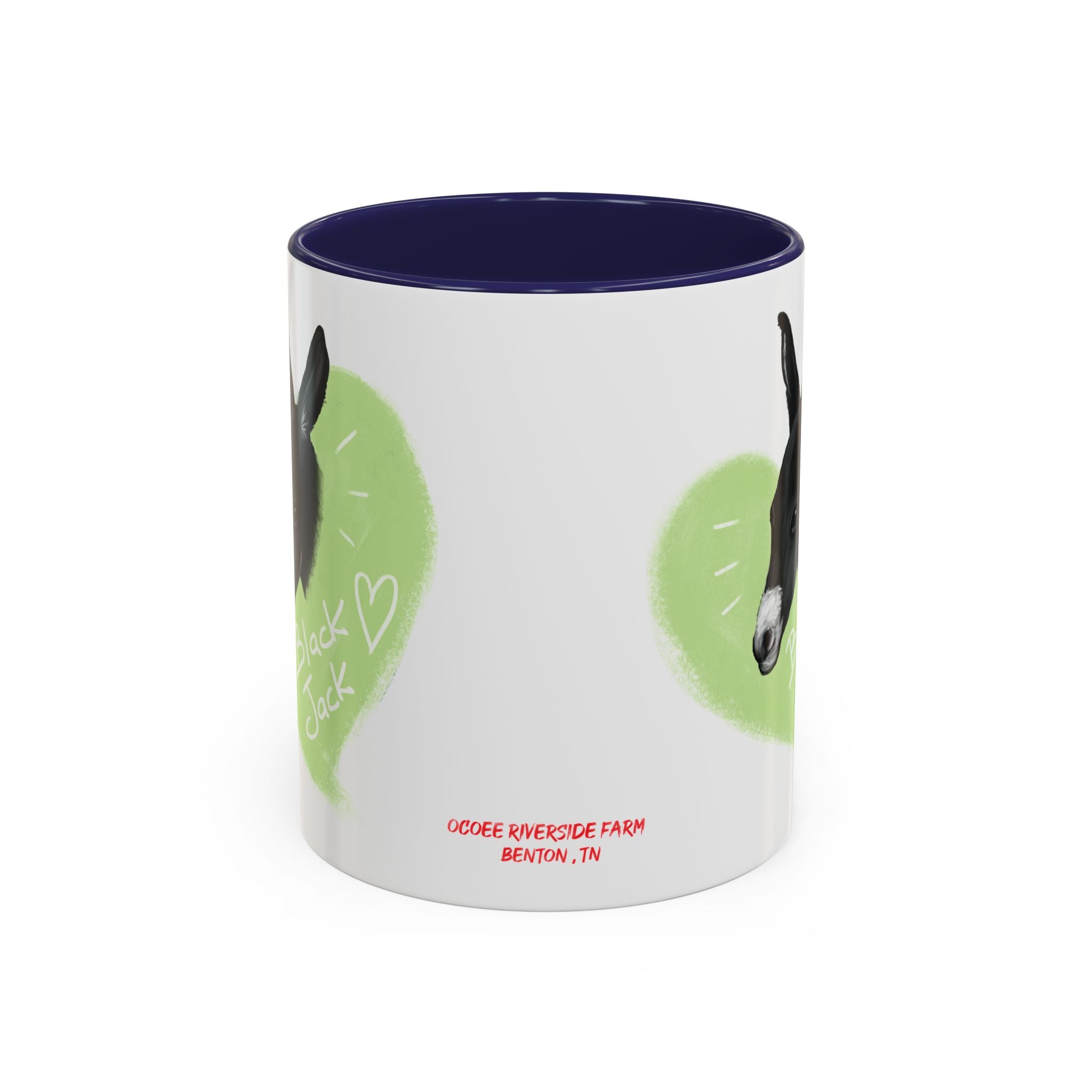 A donkey featuring the words "Black Jack" prominently displayed on its side at Ocoee Riverside Farm Coffee Mug