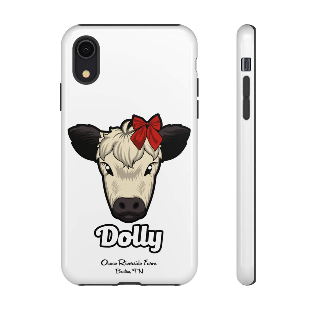 Farmhouse Chic Phone Case featuring Dolly the cow with a red bow, durable protective design with rustic country charm.