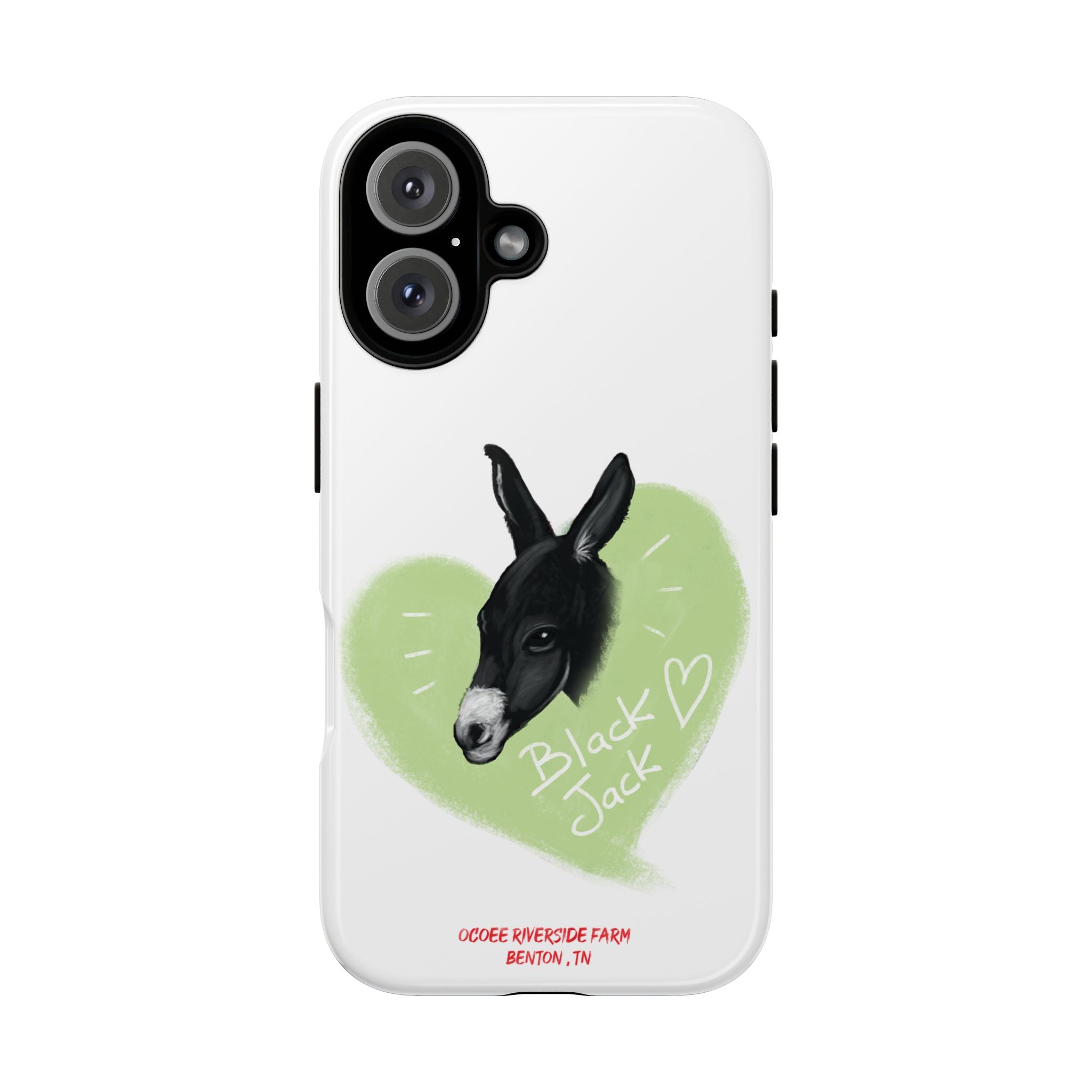 A donkey featuring the words "Black Jack" prominently displayed on its side at Ocoee Riverside Farm Phone Case