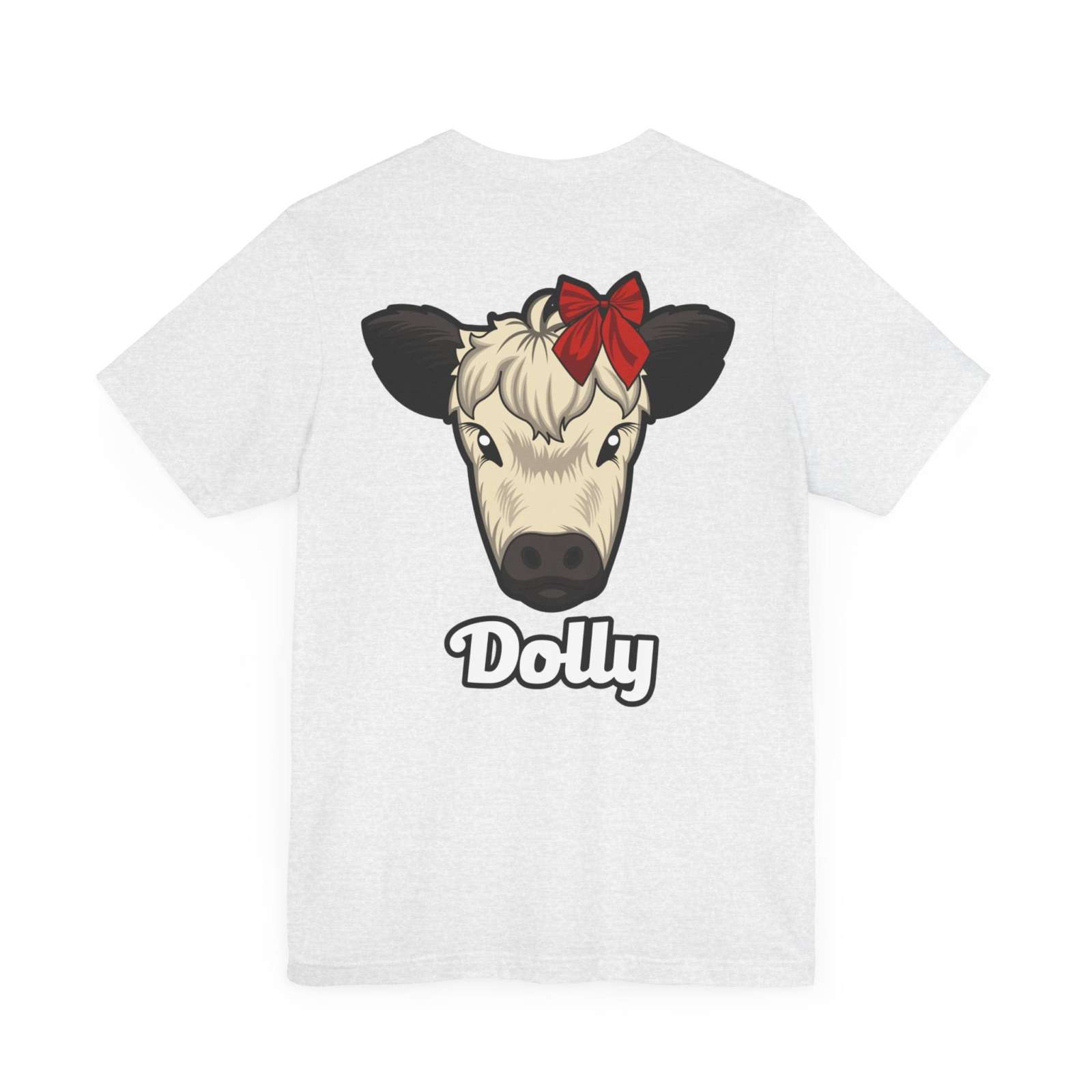 White Country Cow Graphic Tee featuring a cow named Dolly with a red bow on the back