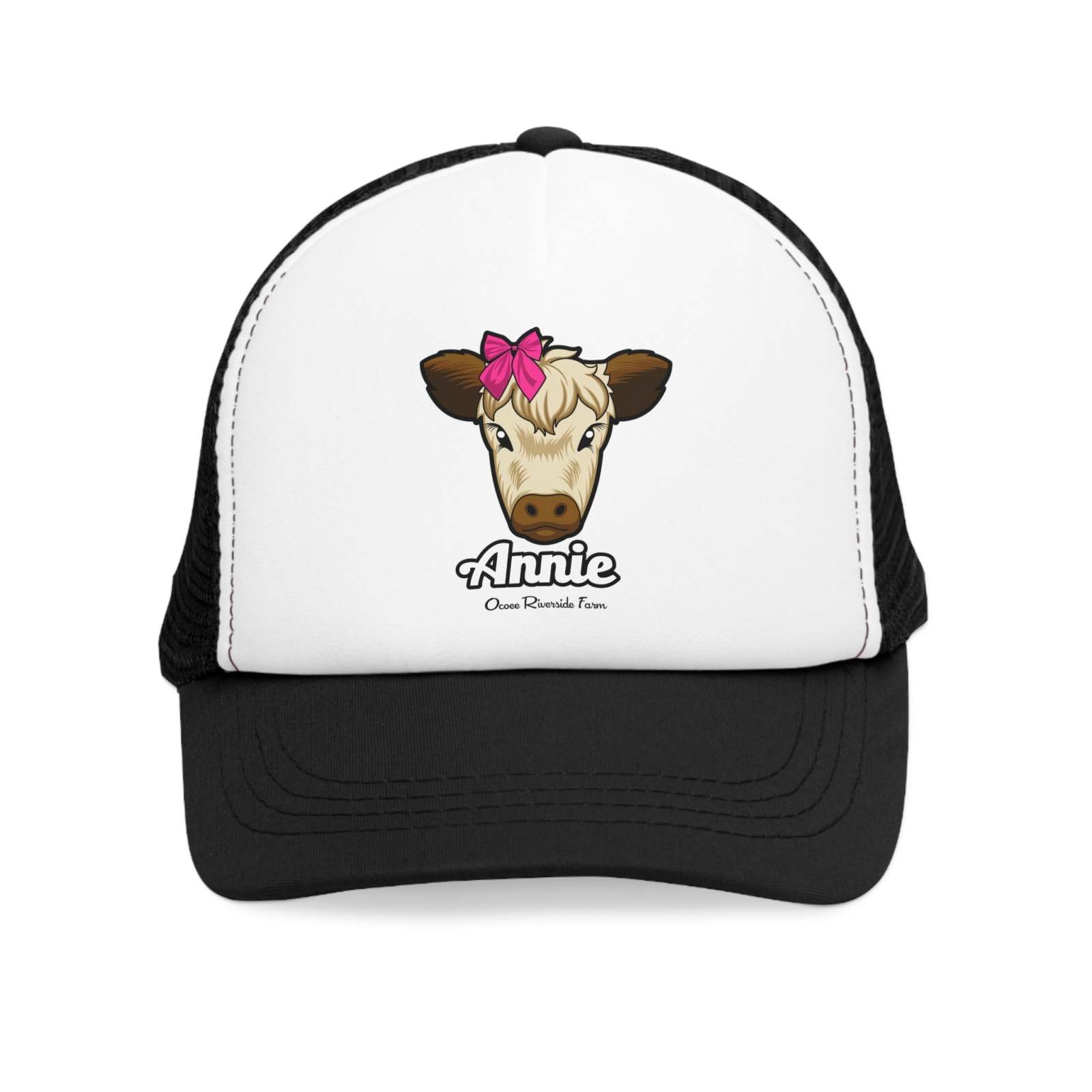 Farmhouse trucker cap with cow design and red bow, adjustable and durable.