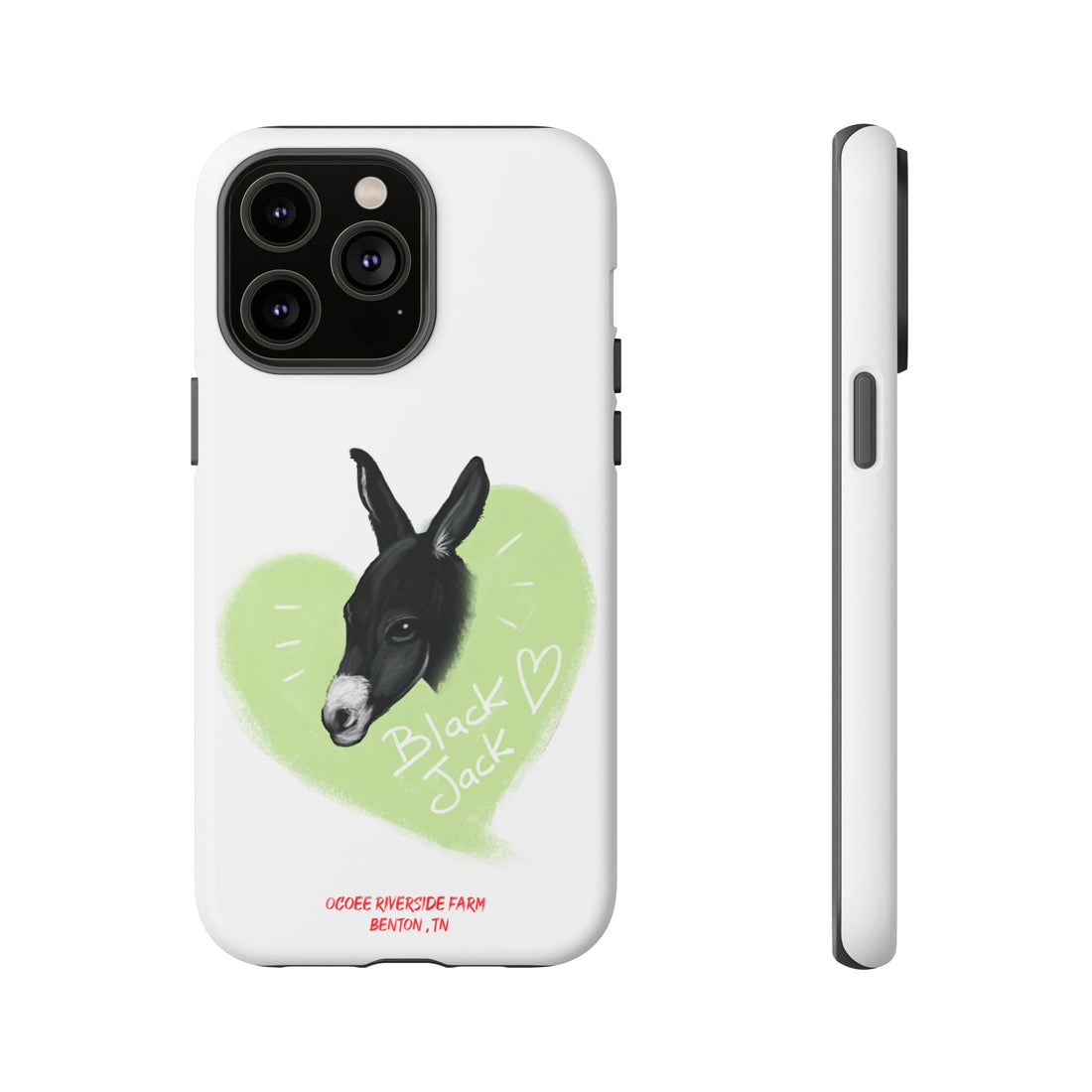 A donkey featuring the words "Black Jack" prominently displayed on its side at Ocoee Riverside Farm Phone Case