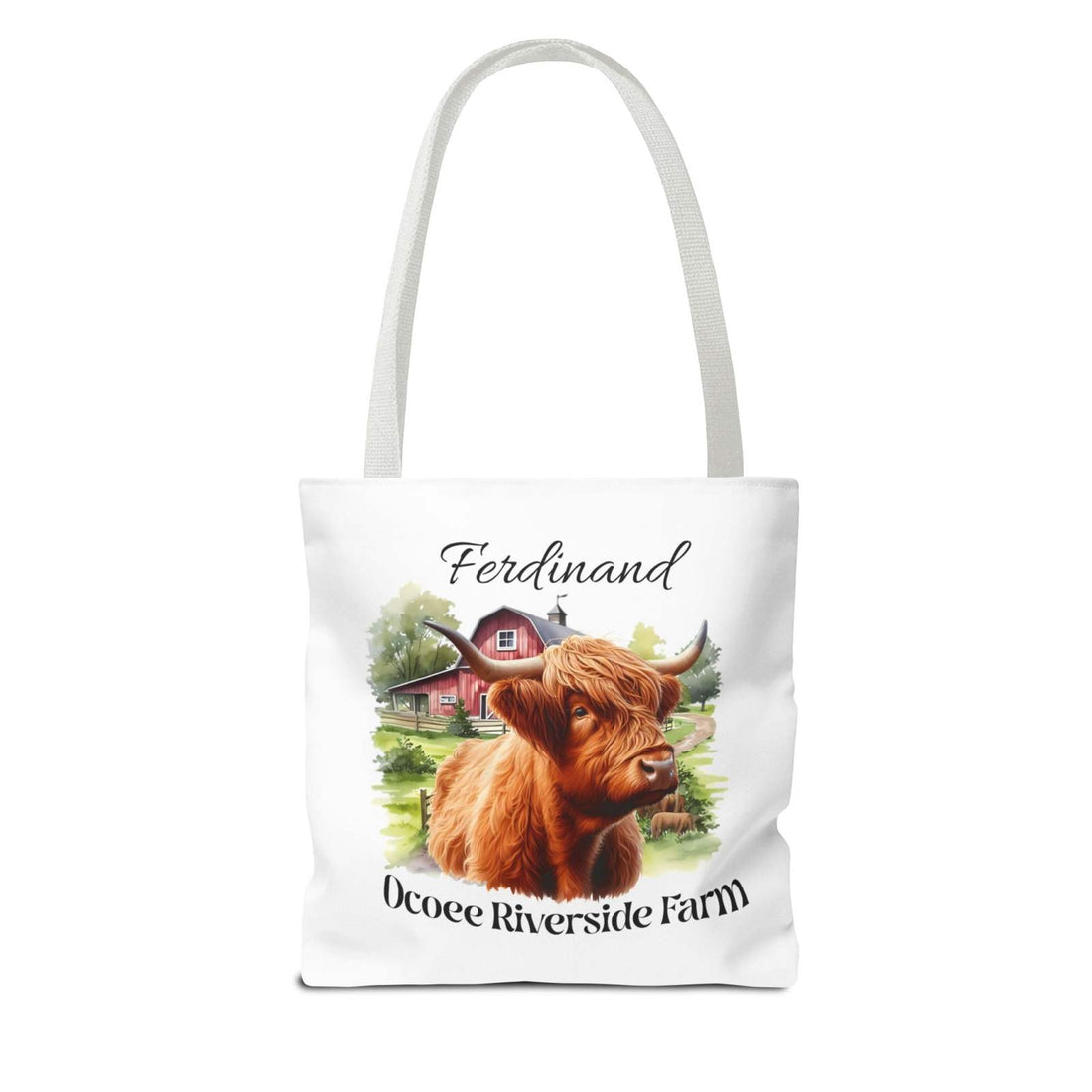 Eco-friendly Ferdinand Scottish Highland tote bag featuring Ocoee Riverside Farm design with durable polyester and reinforced handles.