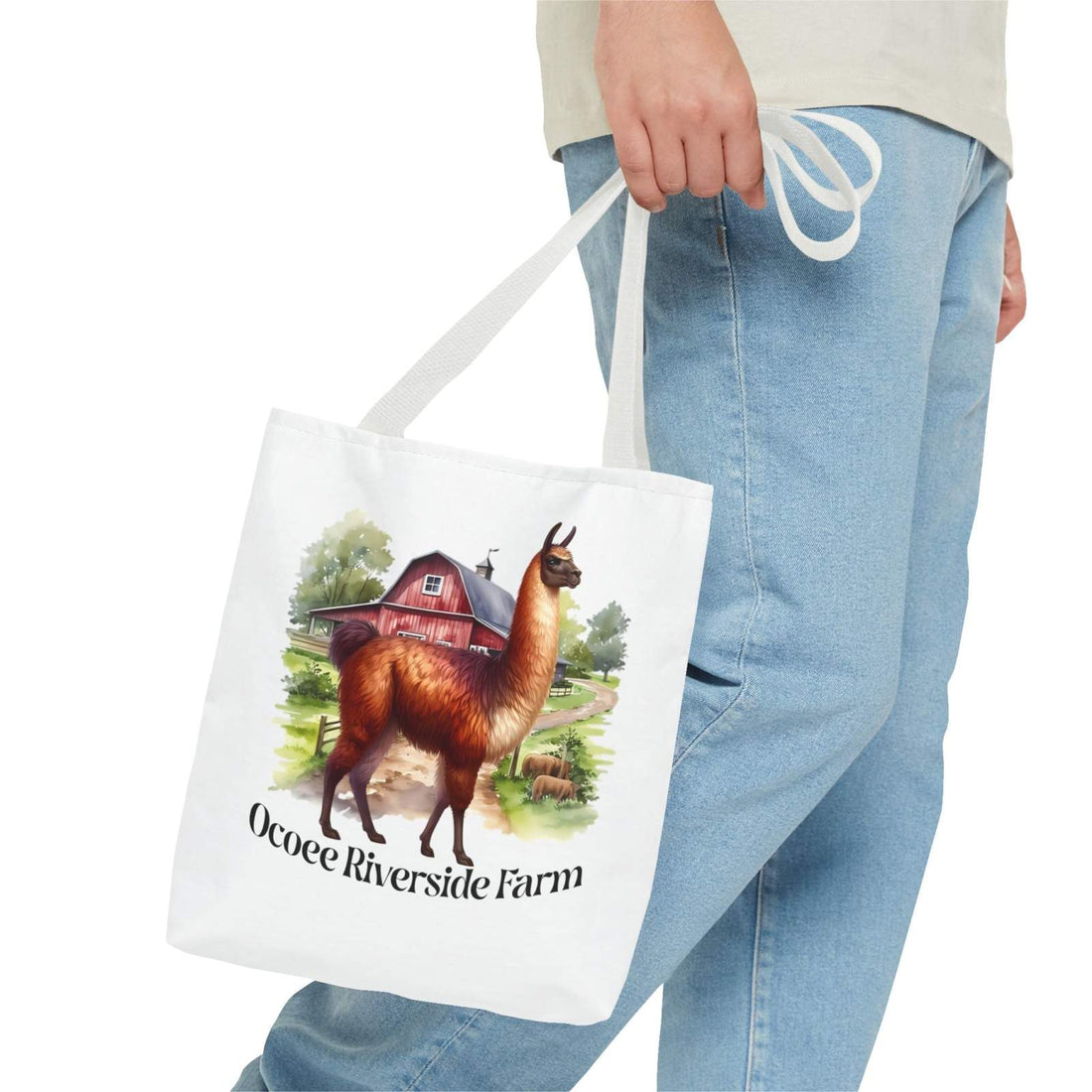 Eco-friendly Alpaca Tote Bag with Ocoee Riverside Farm design, perfect for shopping and everyday use