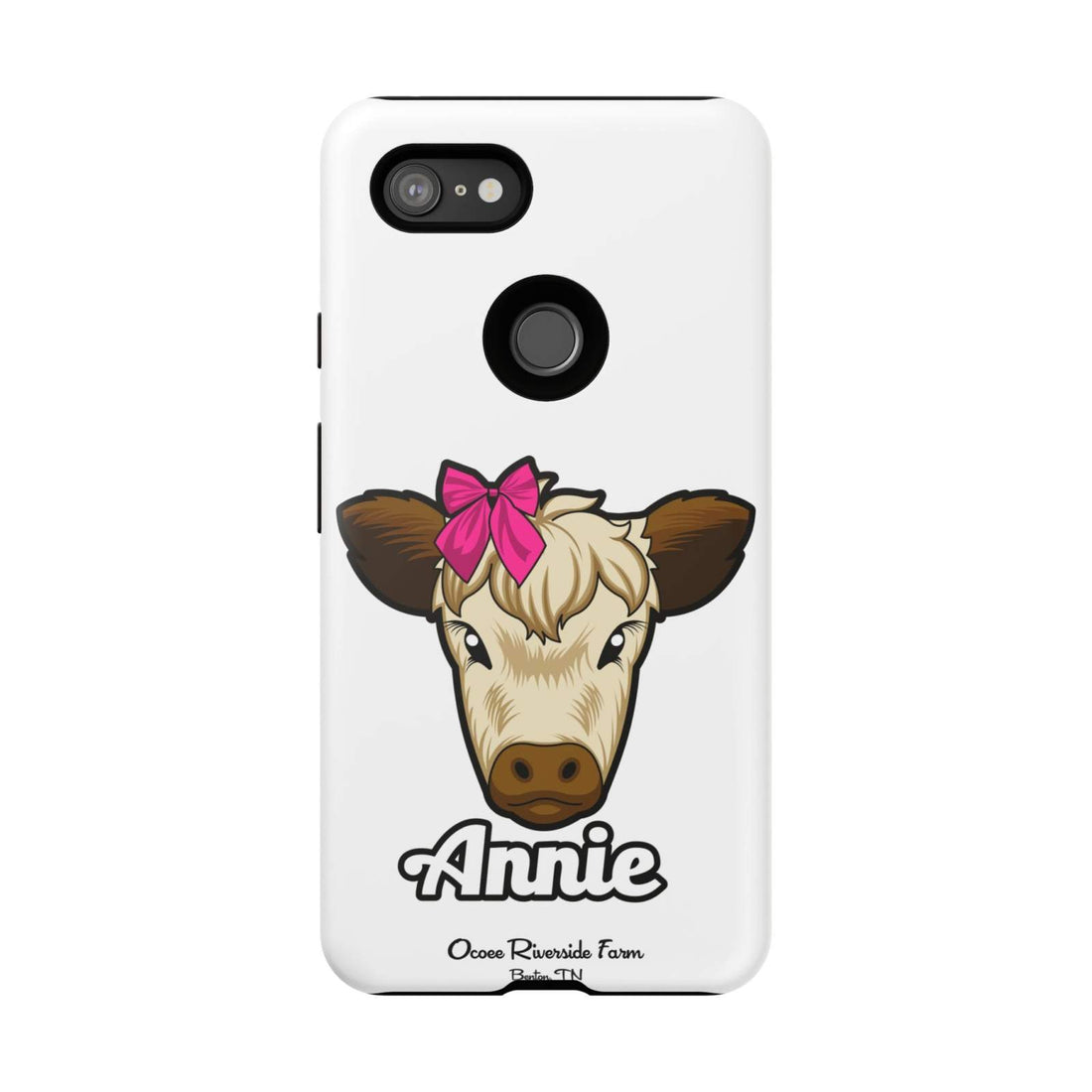 Cute cow phone case with red bow, Ocoee Riverside design, perfect farm animal lover gift.