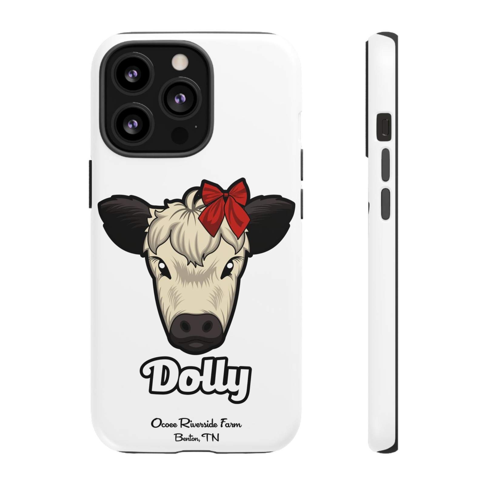 Farmhouse Chic Phone Case with Dolly the cow wearing a red bow, rustic design for protection and style