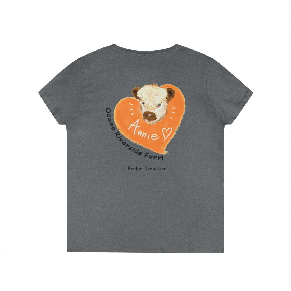 Gray Tennessee Farm Life V-Neck for women with a cow illustration inside an orange heart and text "Annie" and "Ocoee Riverside Farm Benlon, Tennessee" on the back