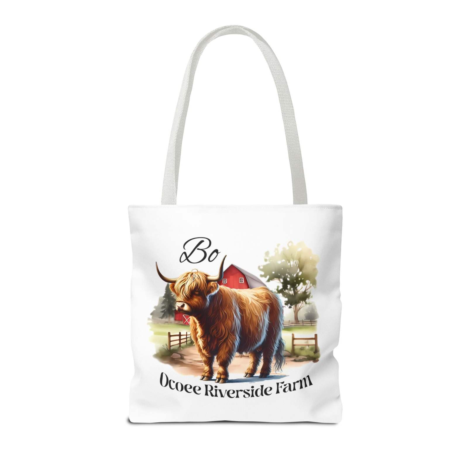 Eco-friendly Bo Scottish Highland Tote Bag with Highland cow illustration and Ocoee Riverside Farm text, durable shopping bag with reinforced handles