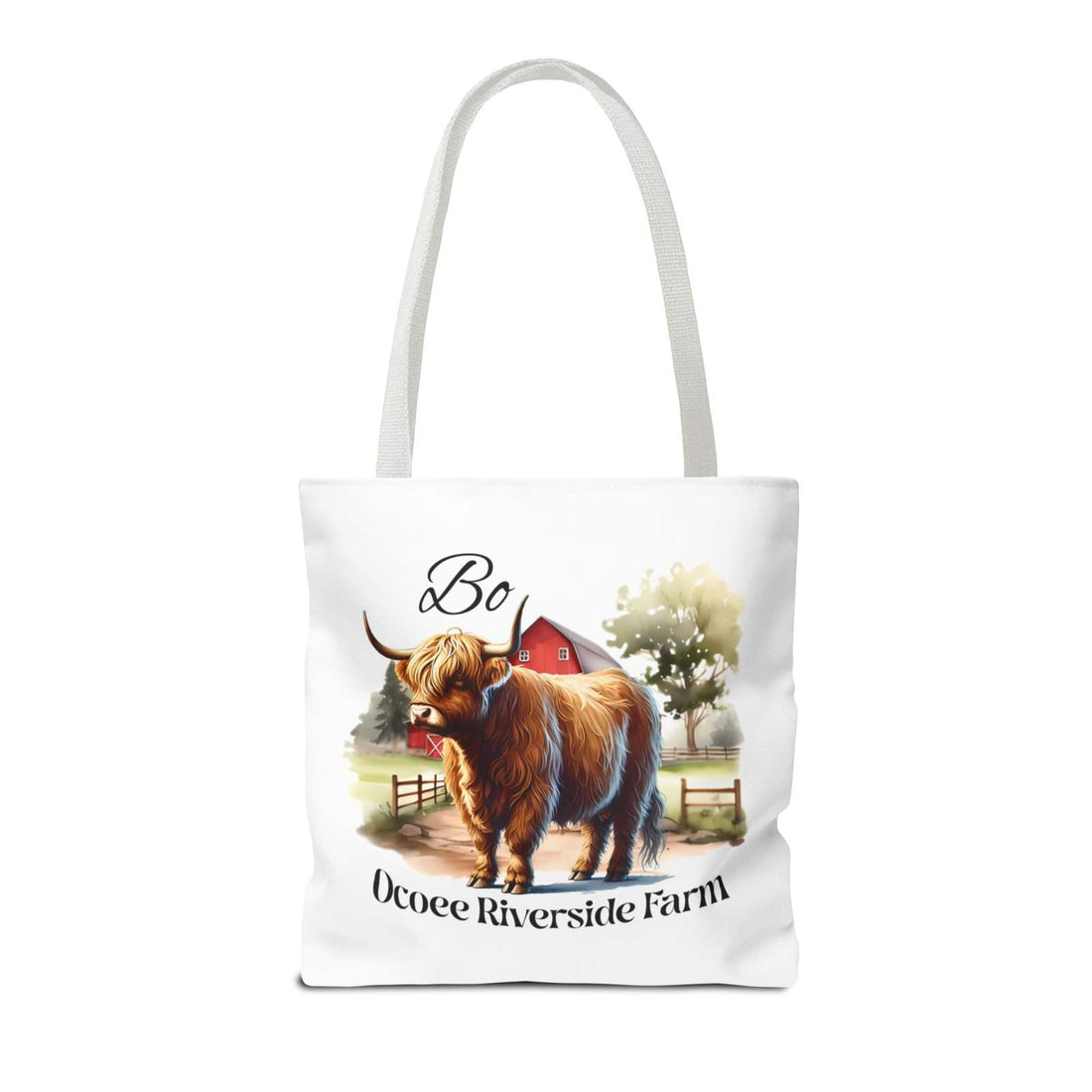 Eco-friendly Bo Scottish Highland Tote Bag with Highland cow illustration and Ocoee Riverside Farm text, durable shopping bag with reinforced handles