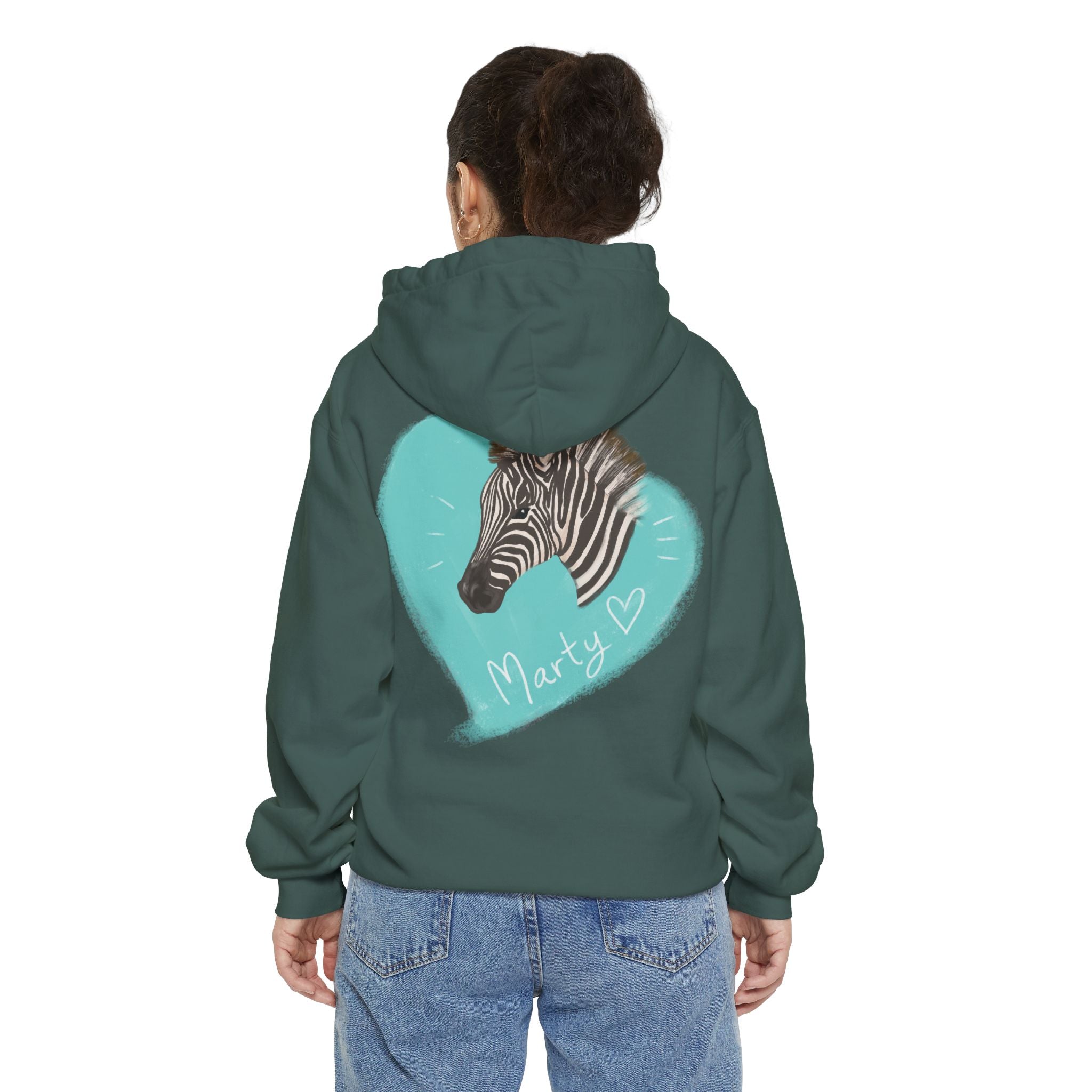 A zebra adorned with the word "Marty" creatively integrated into its stripes at Ocoee Riverside Farm Unisex Hoodie
