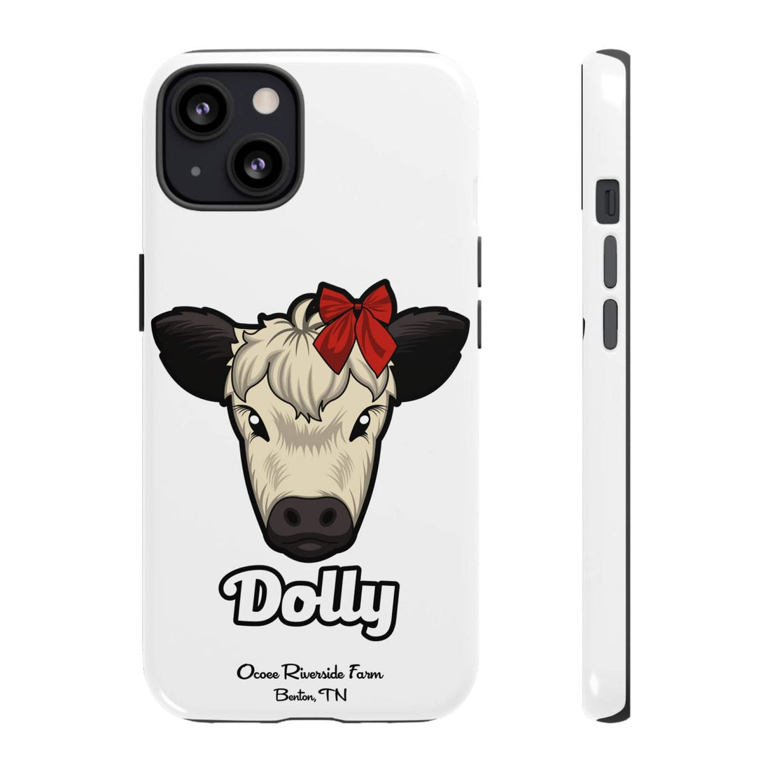 Farmhouse Chic Phone Case featuring Dolly the cow with a red bow, rustic country design, durable protective cover