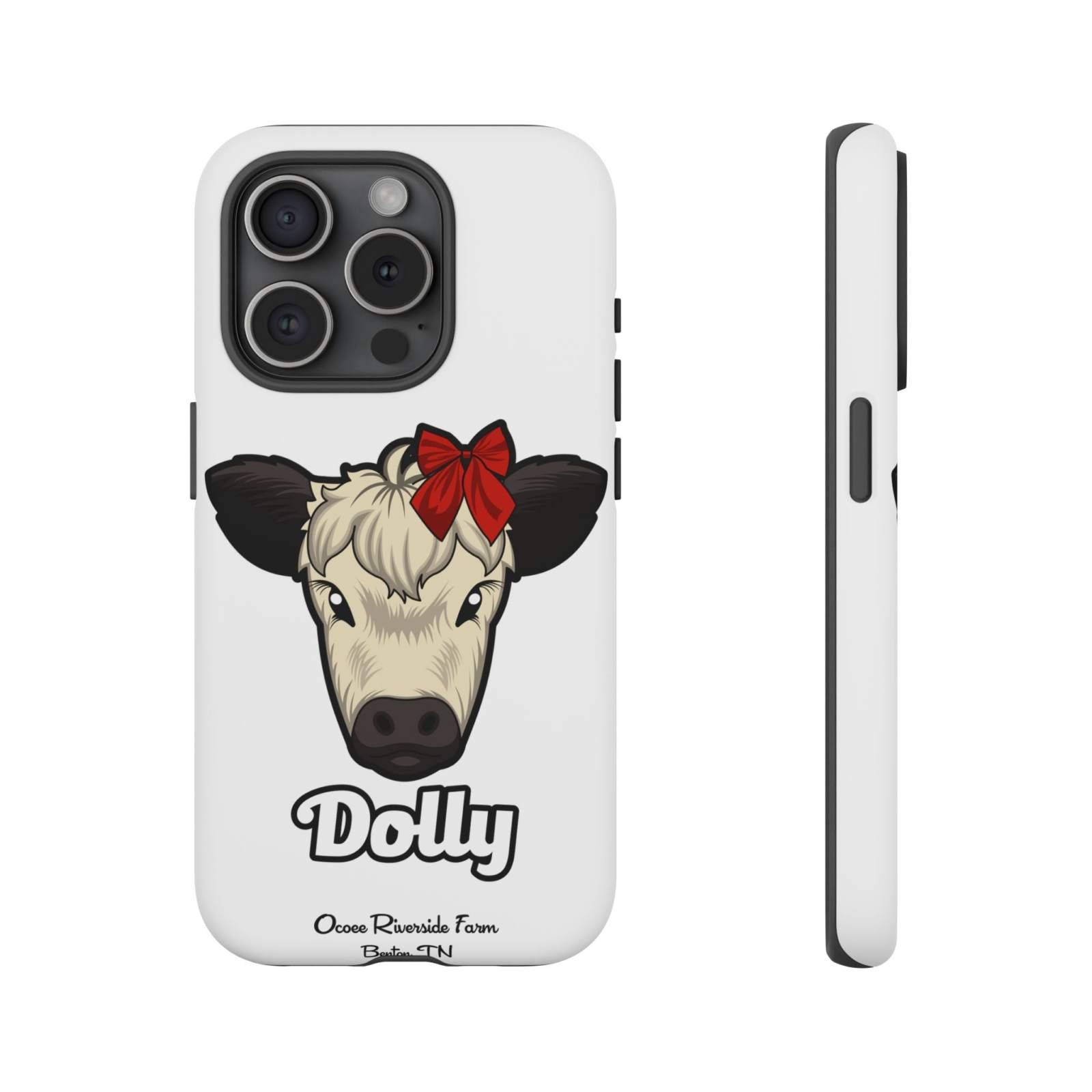 Farmhouse Chic Phone Case featuring Dolly the cow with a red bow, durable and protective phone cover with rustic country design