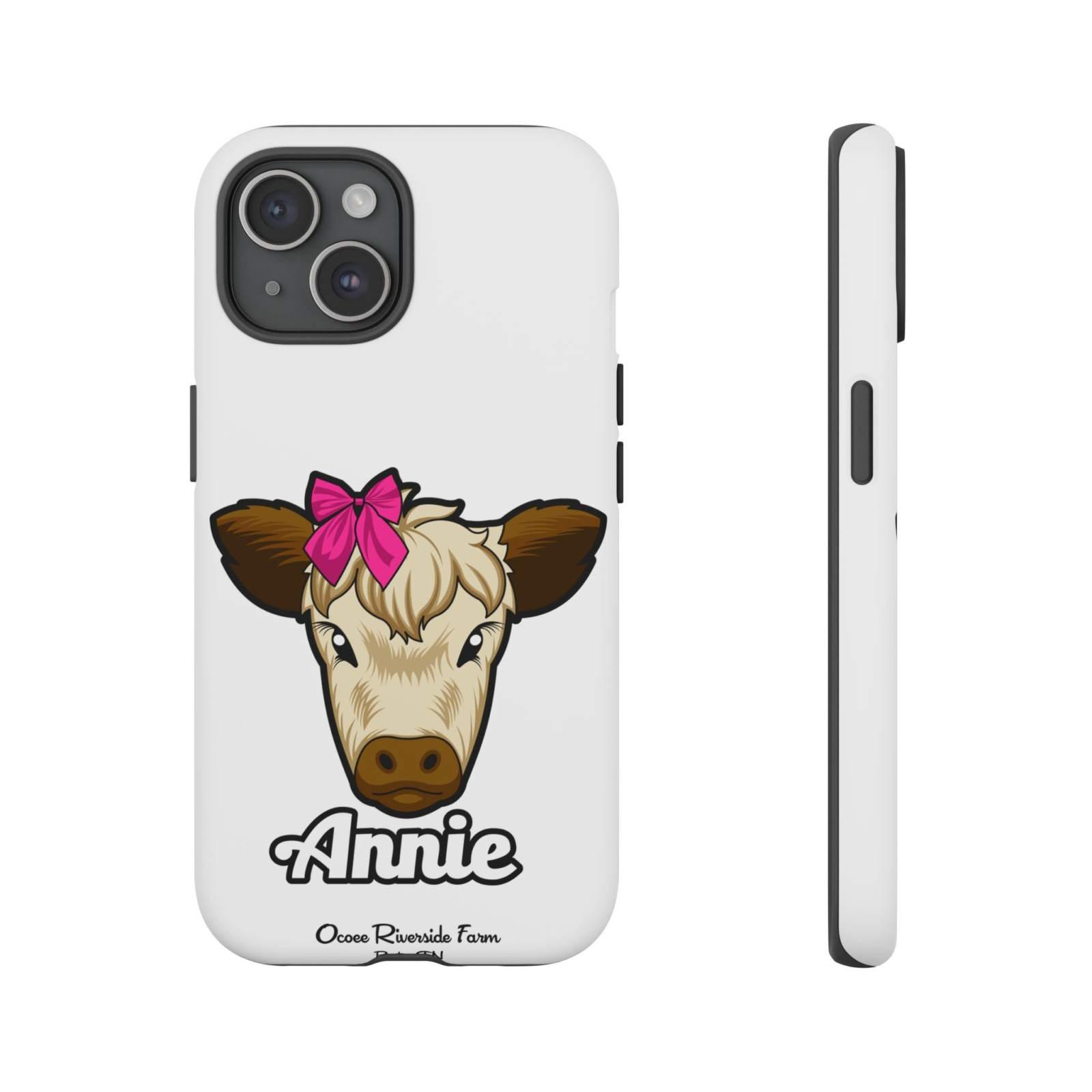 Cute farmhouse phone case featuring Annie the Cow with a red bow, perfect farm animal lover gift.