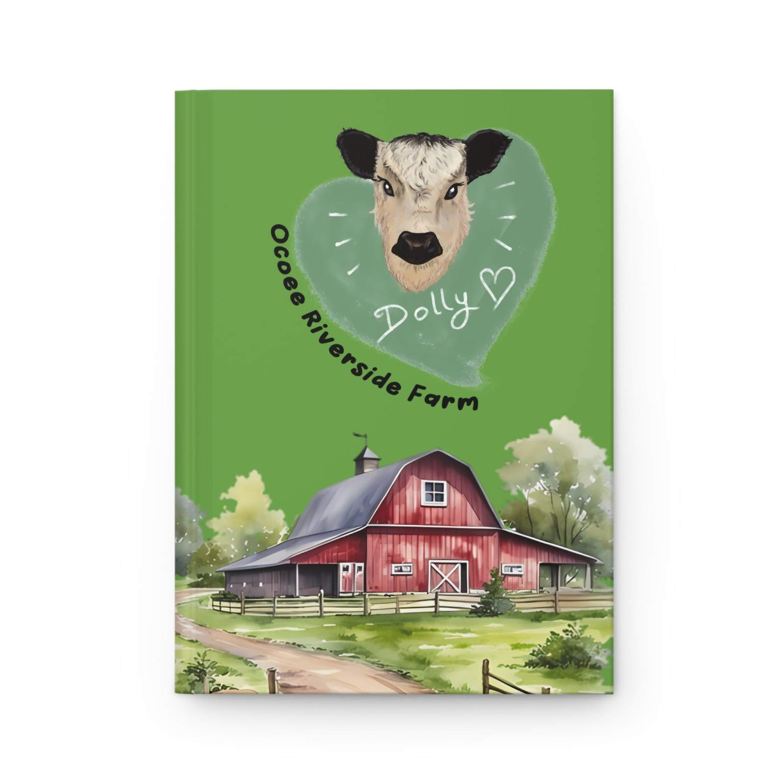 Country Farm-Themed Journal with green cover featuring a cow illustration and red barn farm scene