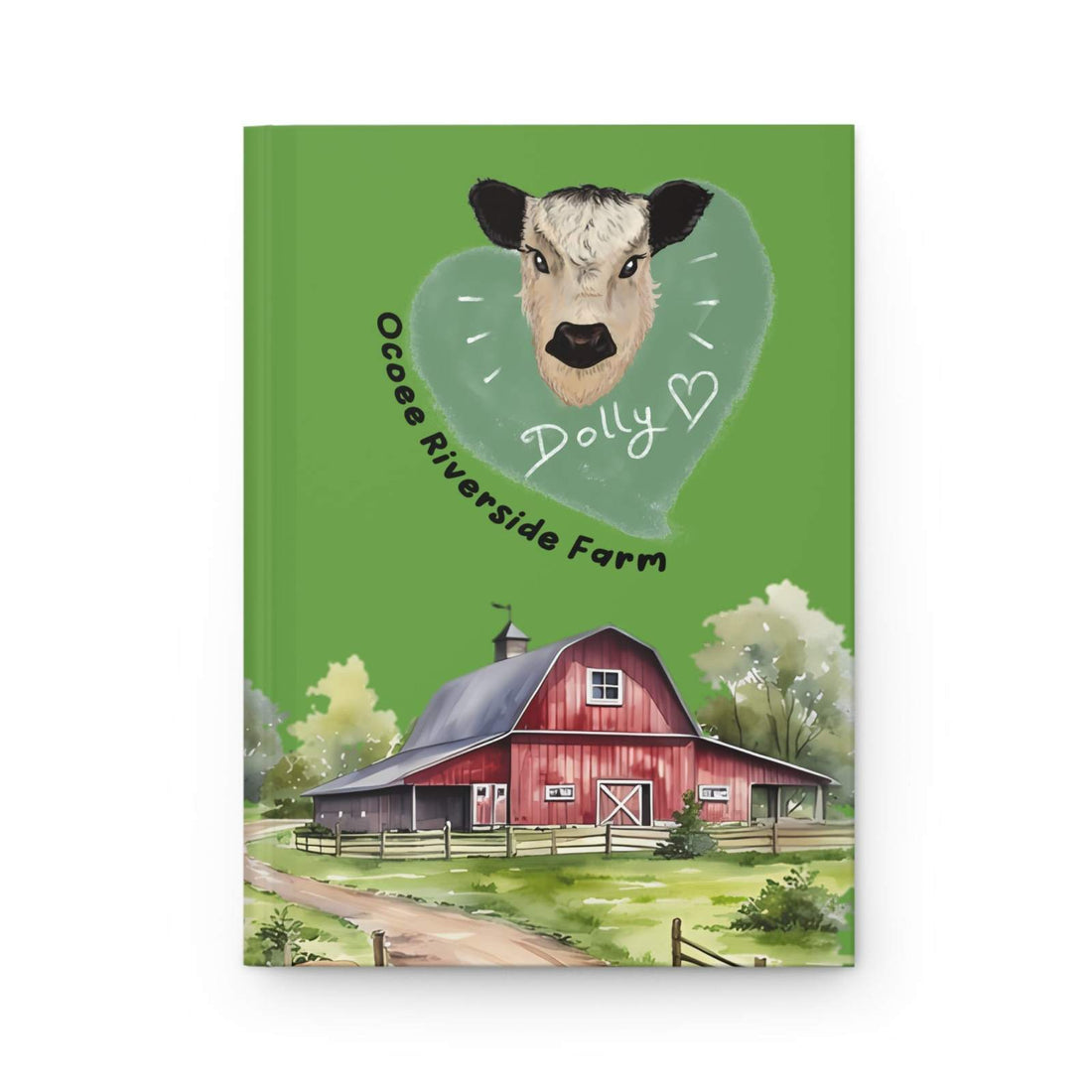 Country Farm-Themed Journal with green cover featuring a cow illustration and red barn farm scene