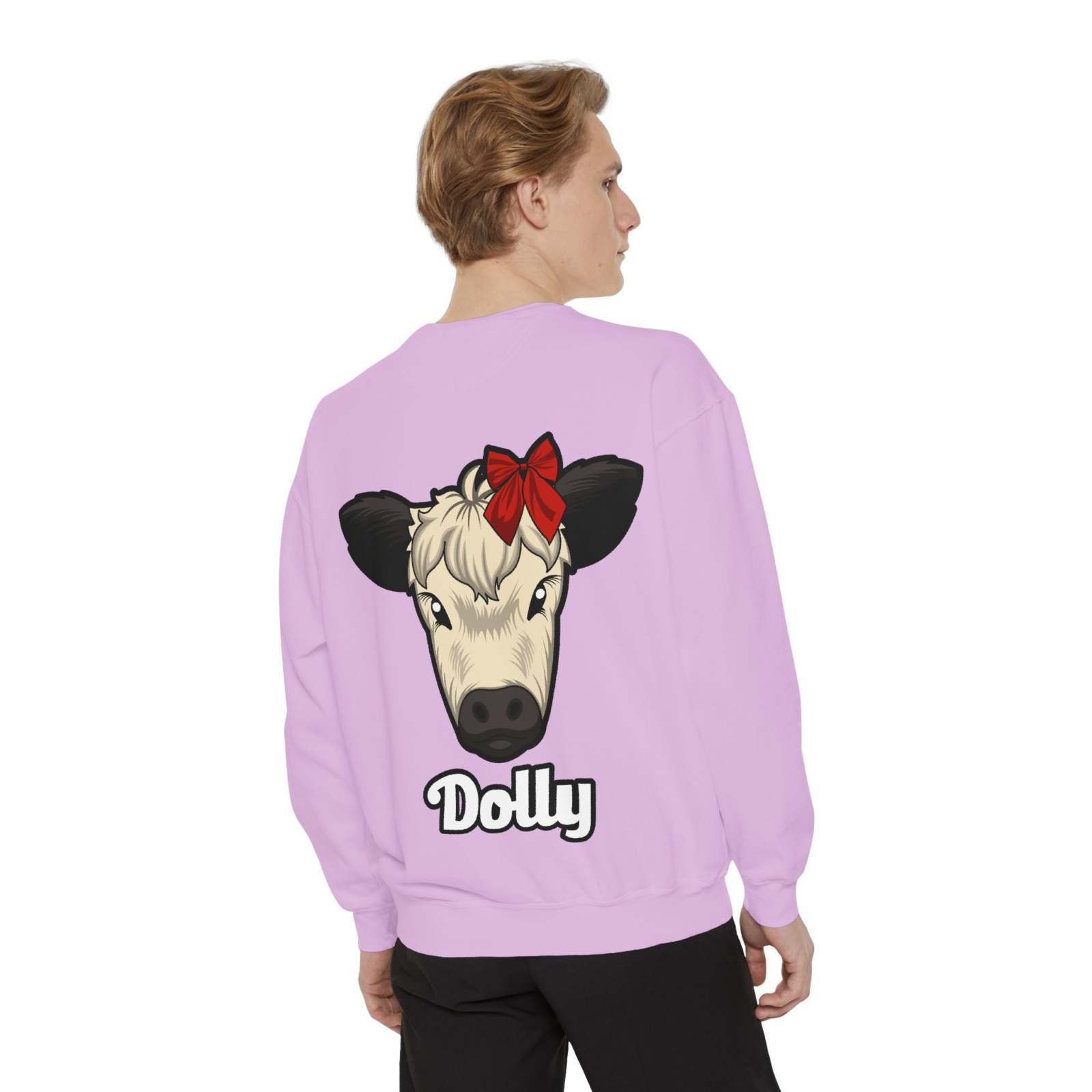 Back view of person wearing light purple Farmhouse Cow Sweatshirt featuring Dolly the cow with red bow print and text.