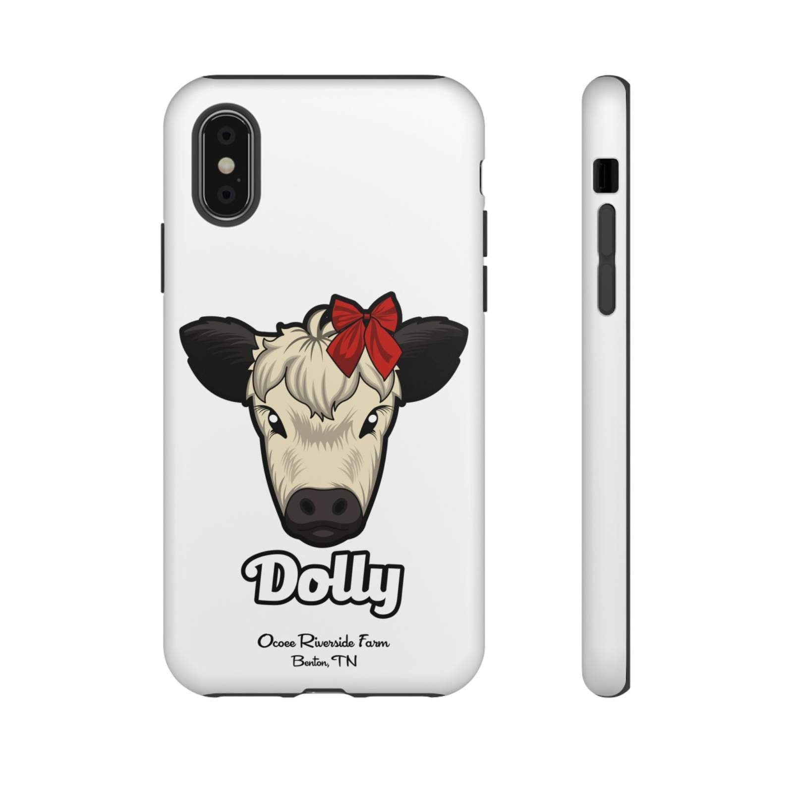 Farmhouse Chic Phone Case featuring Dolly the cow with a red bow, durable protective design with wireless charging support.