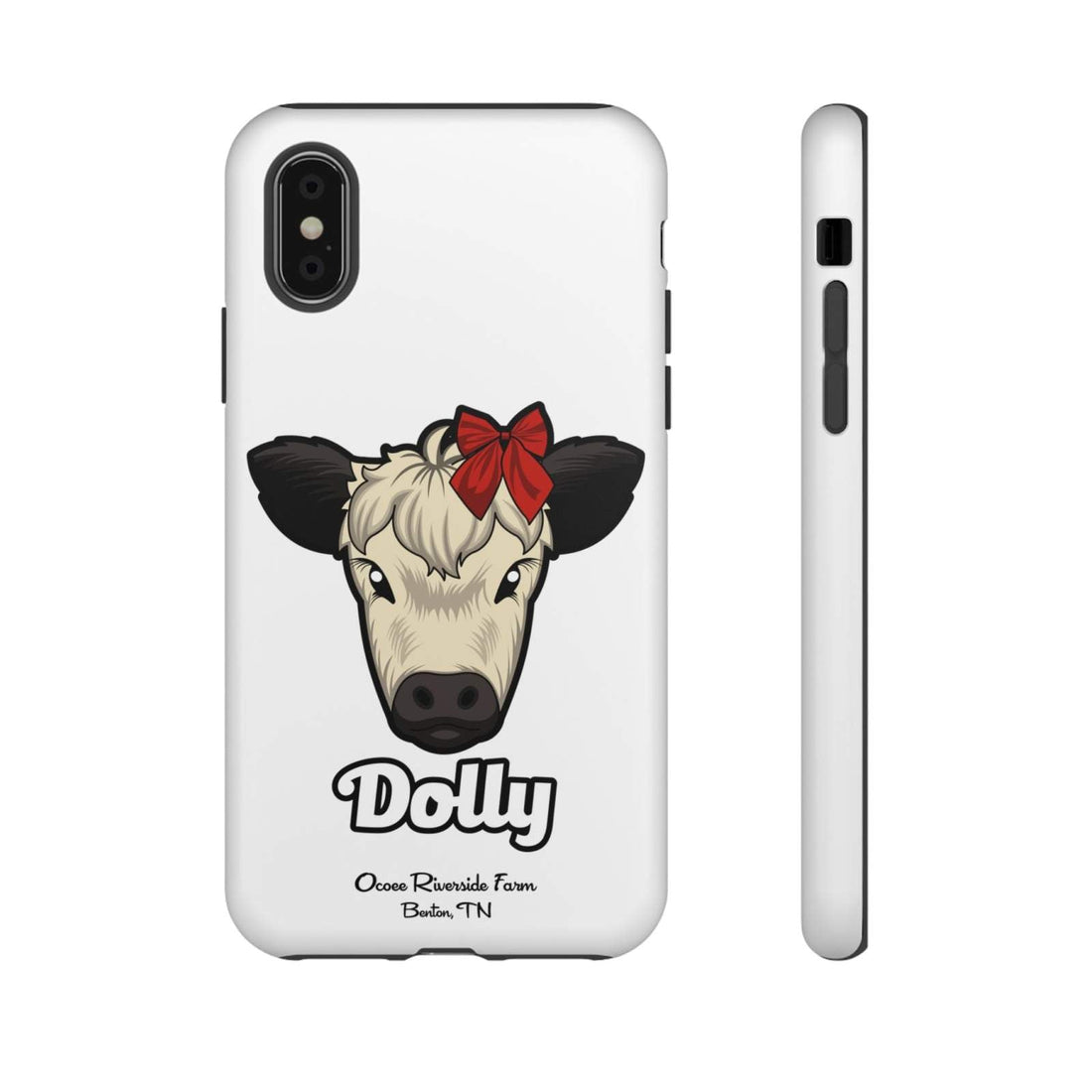 Farmhouse Chic Phone Case featuring Dolly the cow with a red bow, durable protective design with wireless charging support.