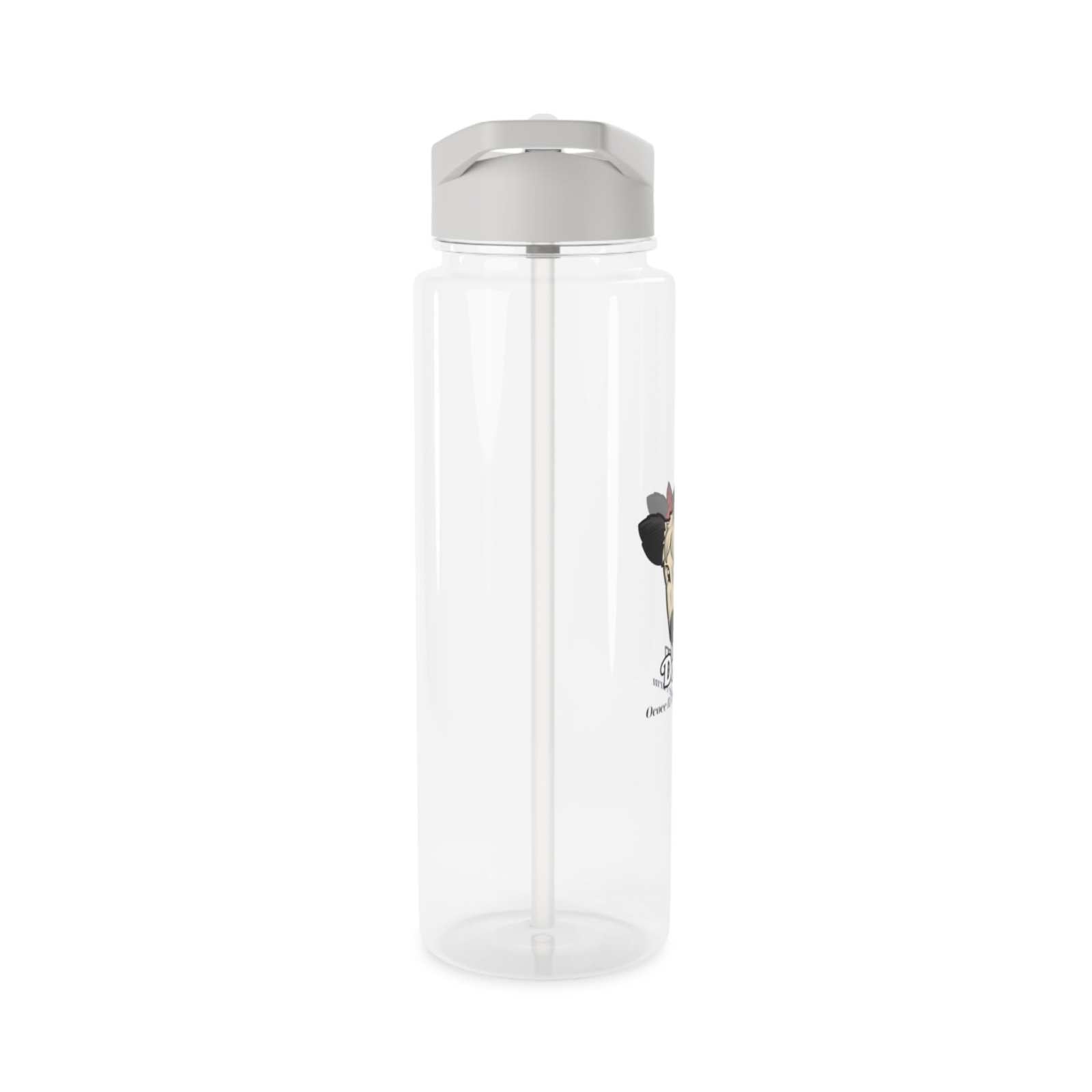 Clear cow print water bottle with foldable straw and silver lid, BPA-free and spill-resistant for daily hydration
