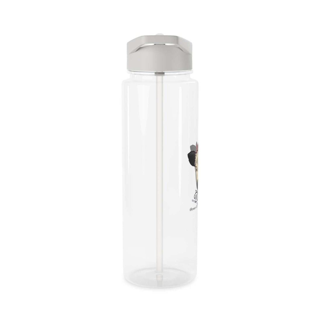 Clear cow print water bottle with foldable straw and silver lid, BPA-free and spill-resistant for daily hydration