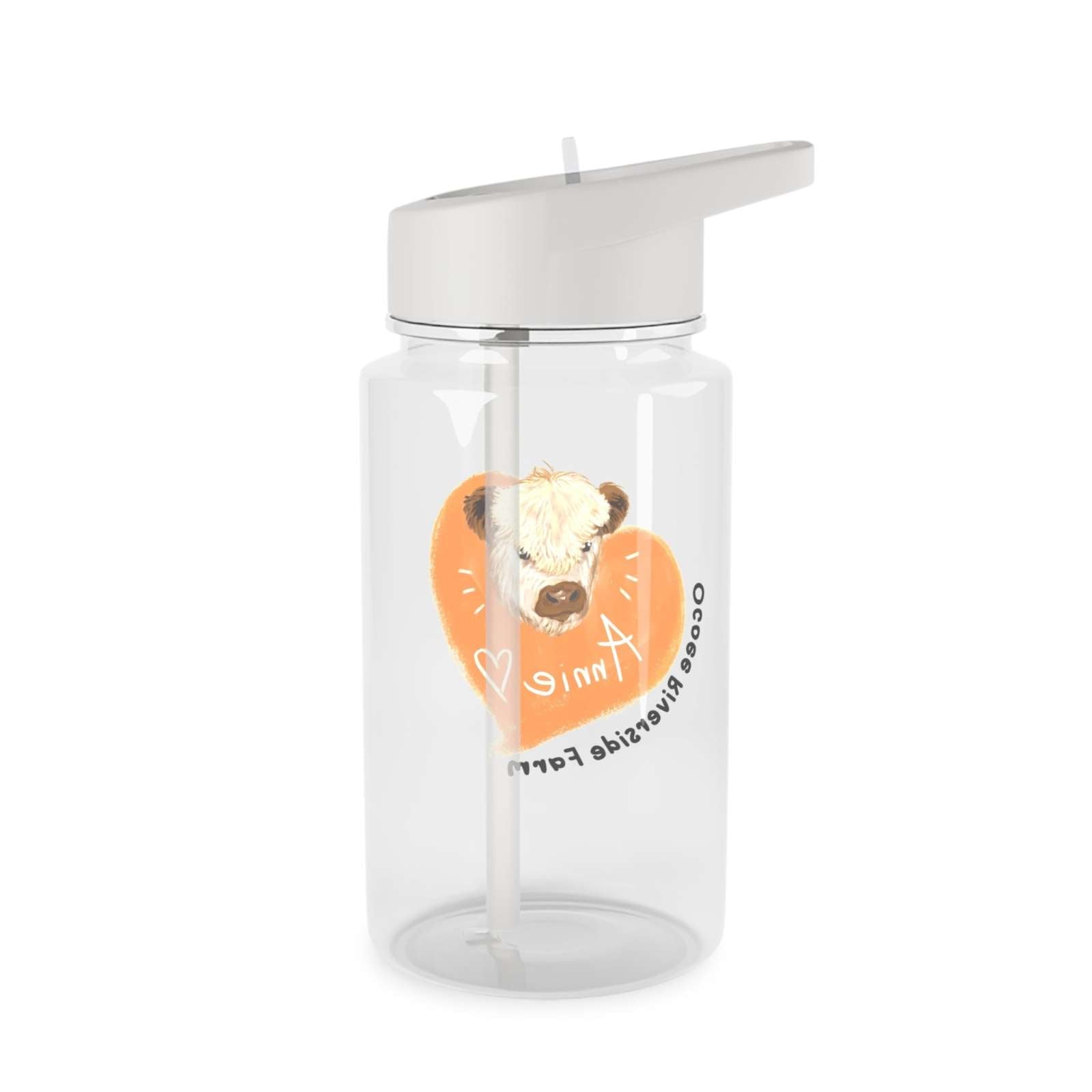 Clear Country Cow Water Bottle with spill-resistant lid and foldable straw featuring a cow illustration and heart design.