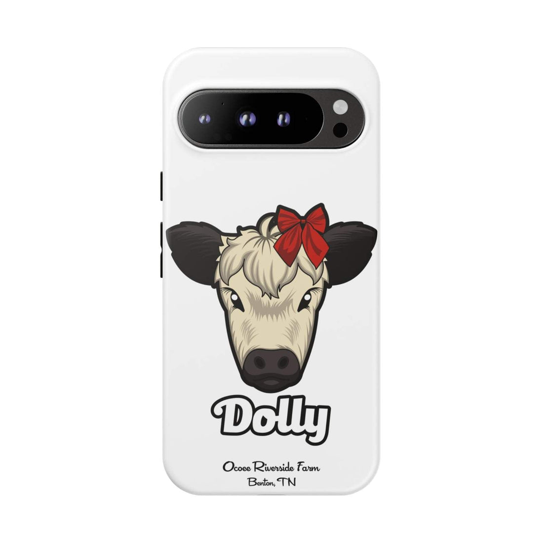 Farmhouse Chic phone case with Dolly cow illustration featuring a red bow, durable protective design
