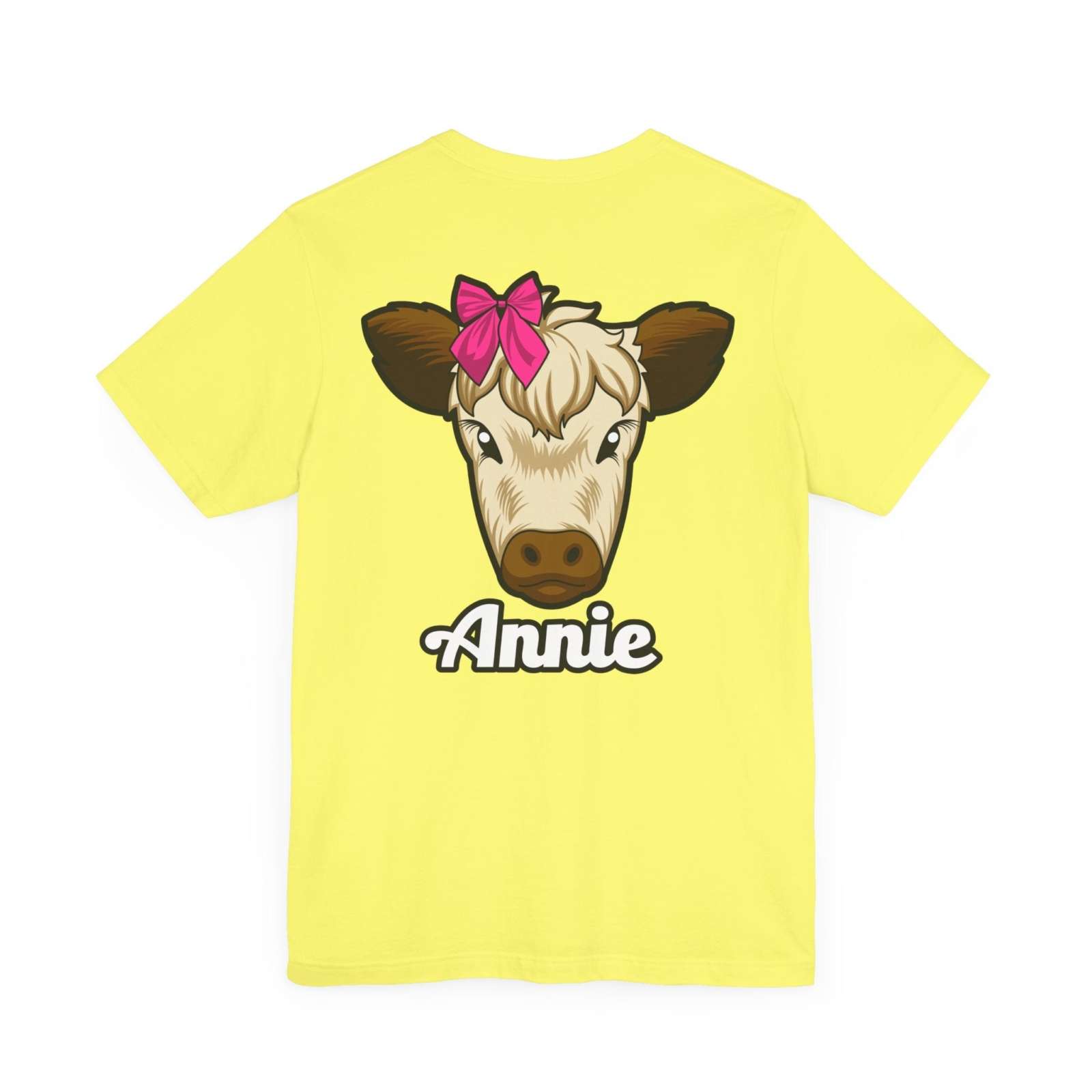 Yellow Farm Life T-Shirt featuring Annie the Cow with a red bow at Ocoee Riverside, perfect for casual outdoor wear.