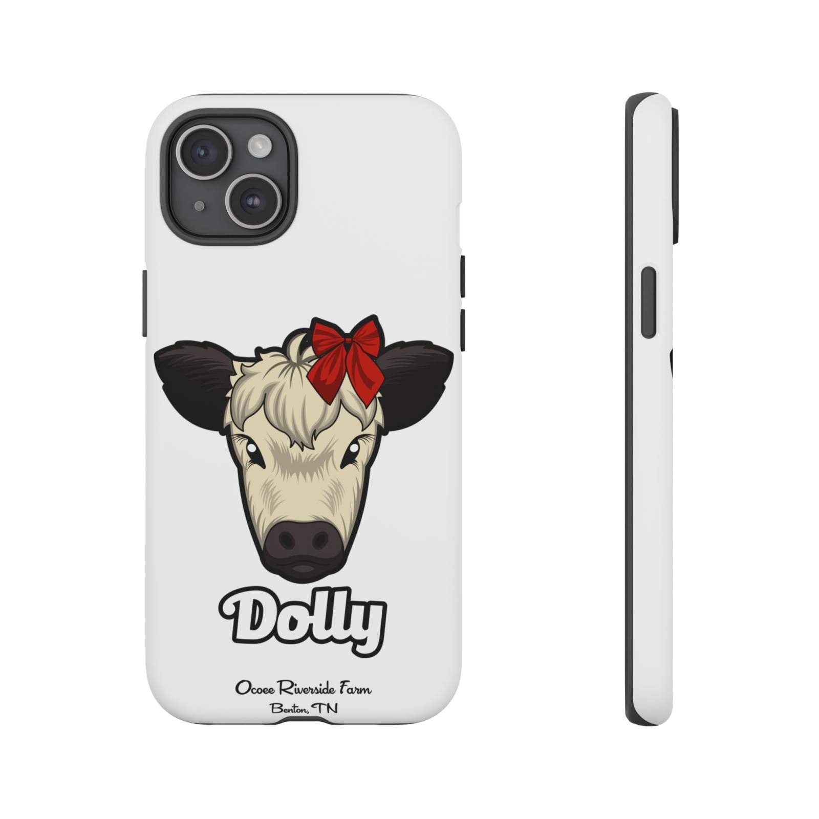 Farmhouse Chic Phone Case featuring Dolly the cow with a red bow, durable and stylish protective phone cover