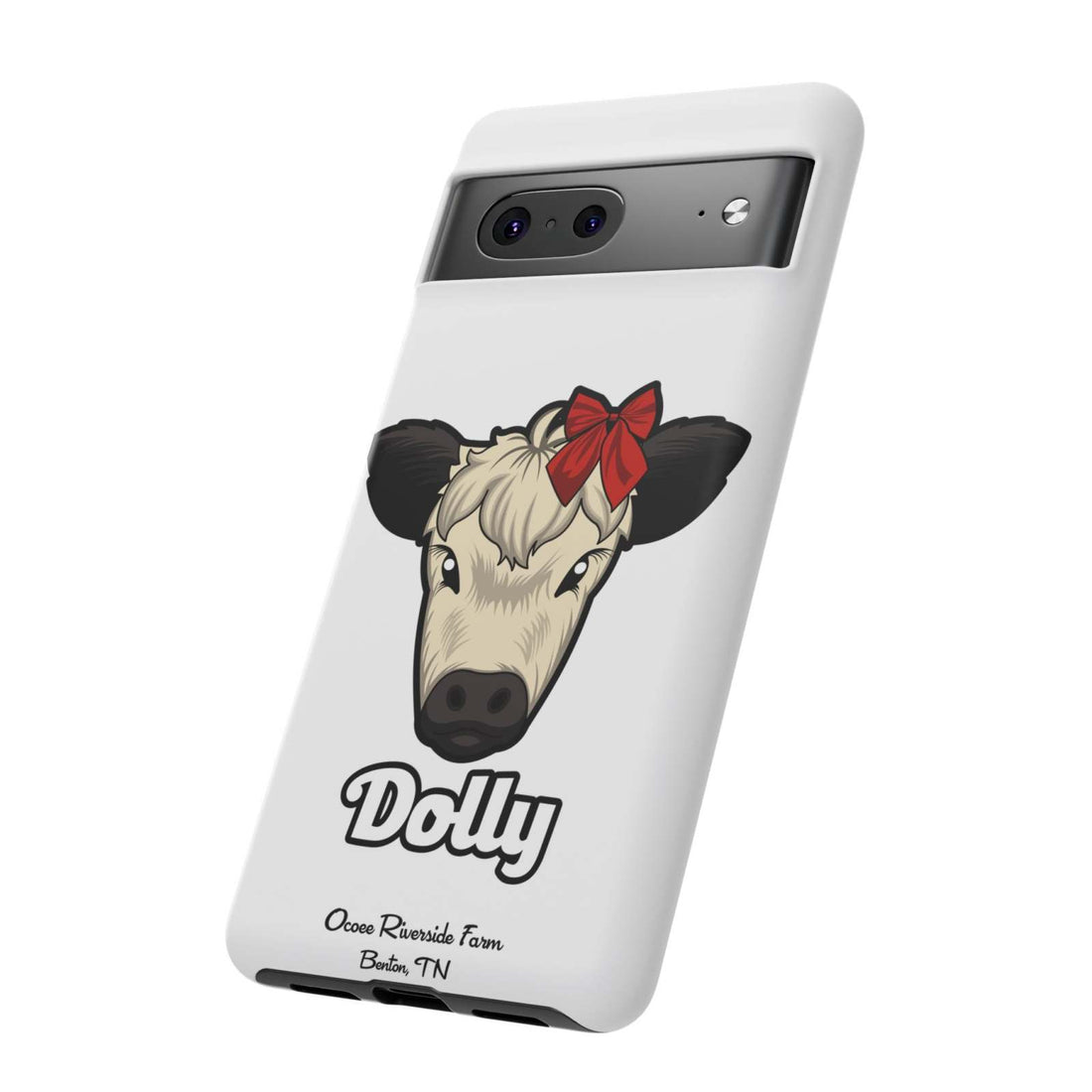 Farmhouse Chic Phone Case with Dolly the cow design featuring a red bow.