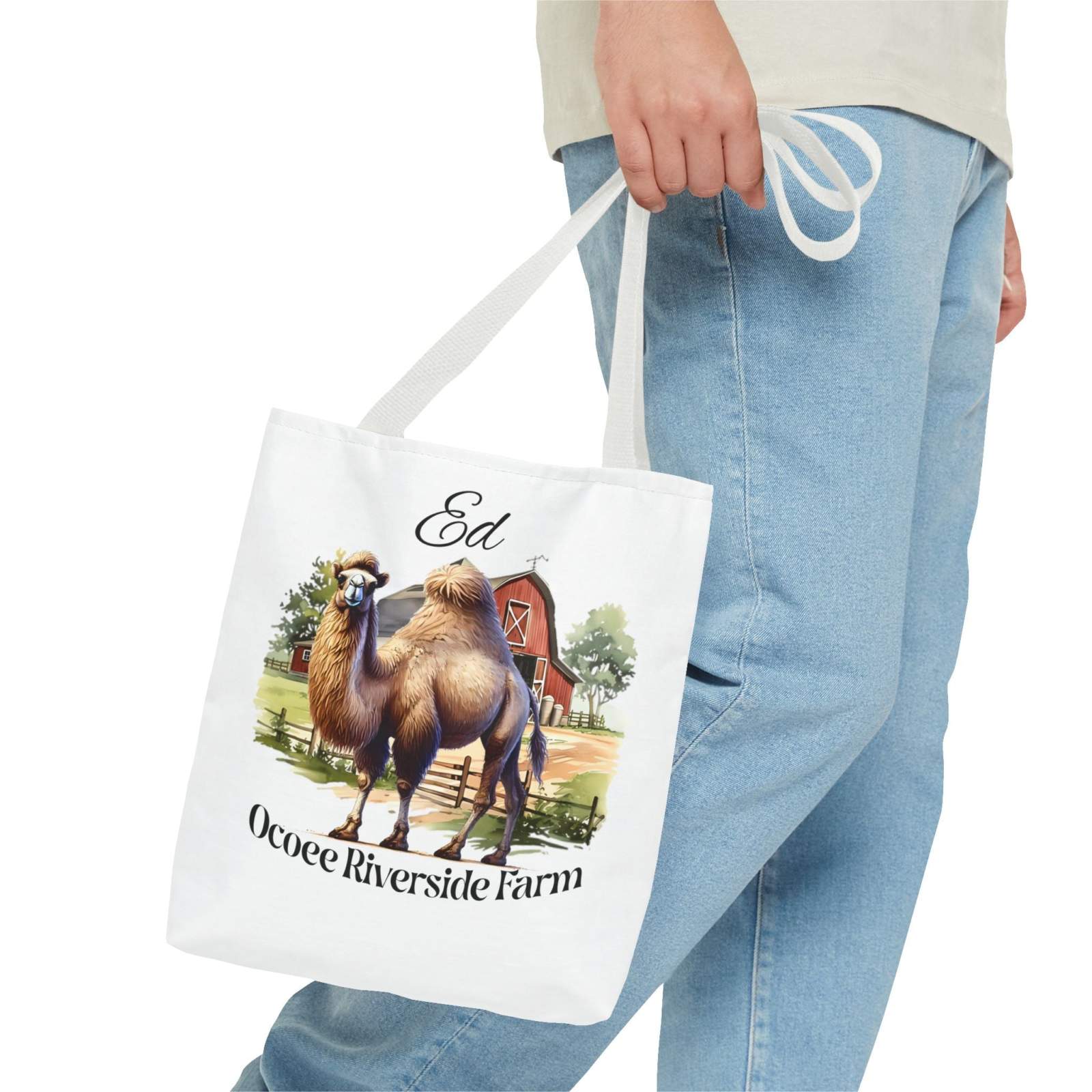 Ed Camel Tote Bag with Ocoee Riverside Farm design, eco-friendly shopping bag with camel and barn illustration, durable white polyester tote with reinforced handles