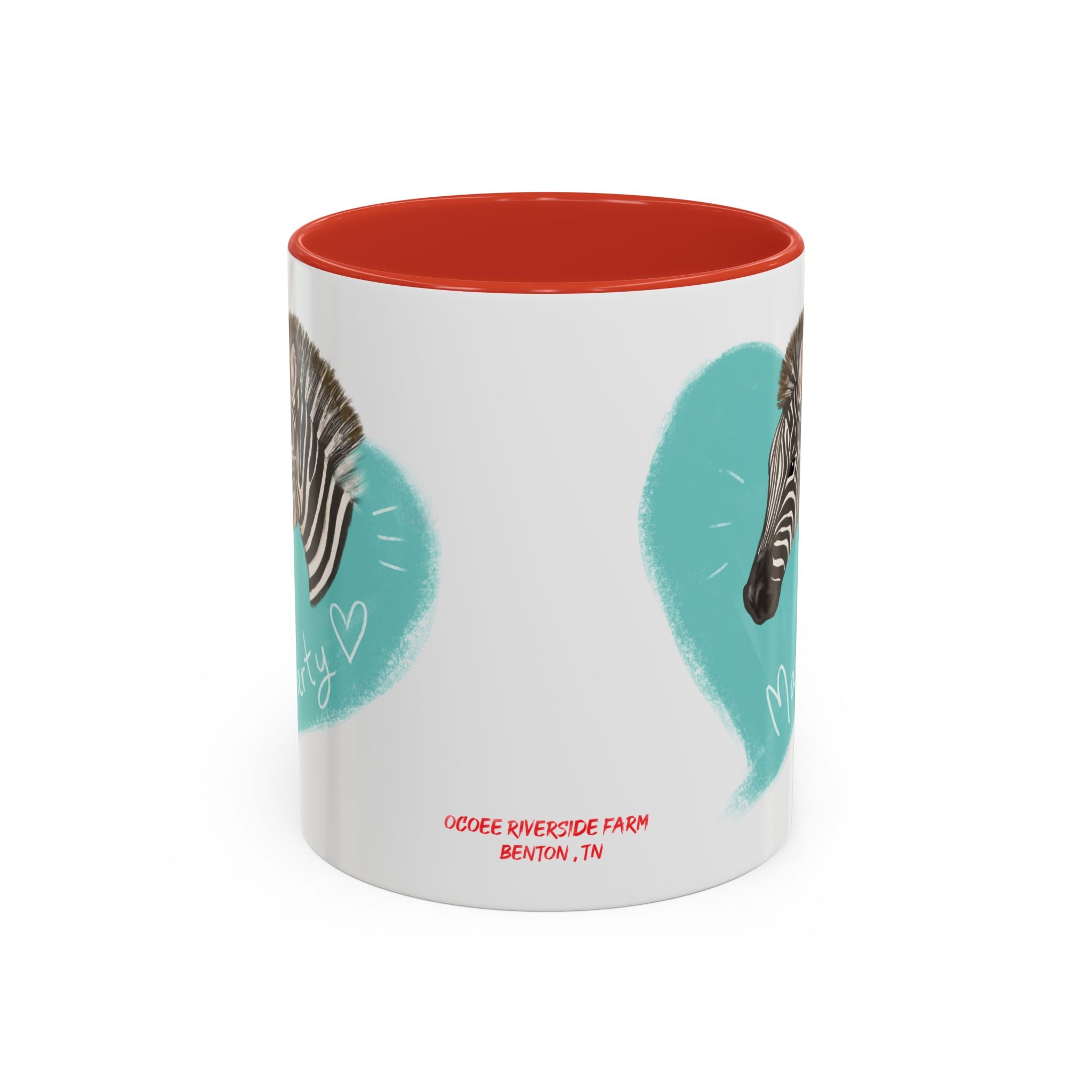 A zebra adorned with the word "Marty" creatively integrated into its stripes at Ocoee Riverside Farm Coffee Mug