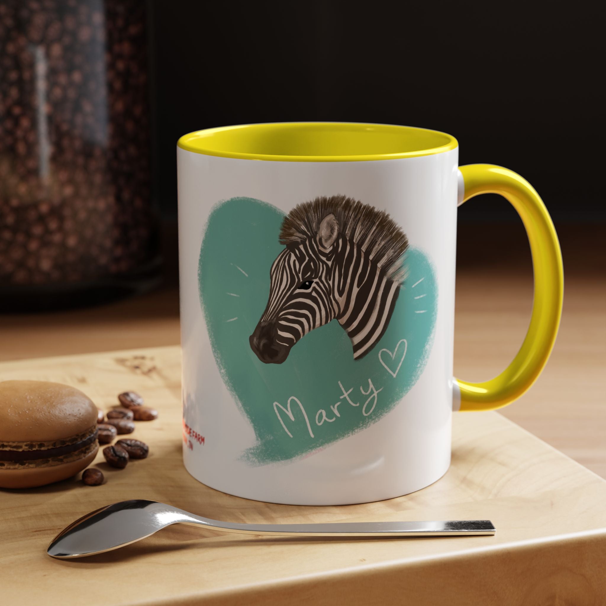 A zebra adorned with the word "Marty" creatively integrated into its stripes at Ocoee Riverside Farm Coffee Mug