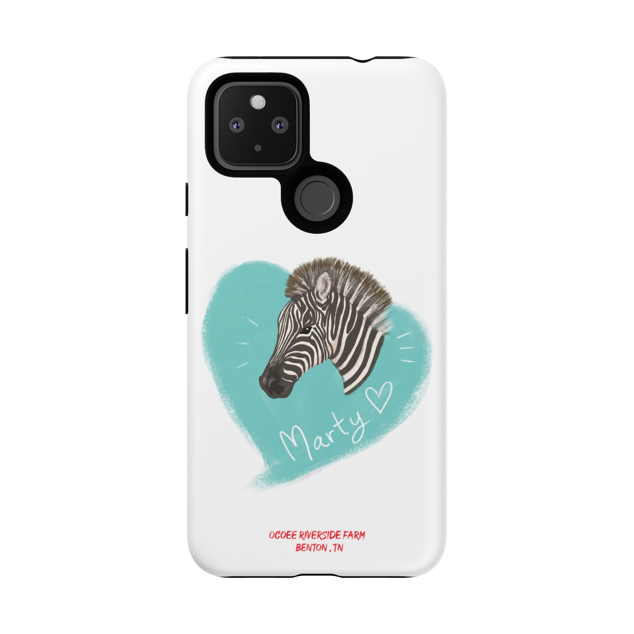 A zebra adorned with the word "Marty" creatively integrated into its stripes at Ocoee Riverside Farm Phone Case