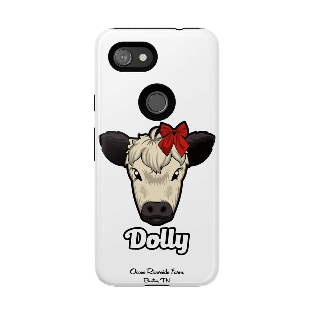 Farmhouse Chic Phone Case featuring Dolly the cow with a red bow, durable and stylish rustic design.