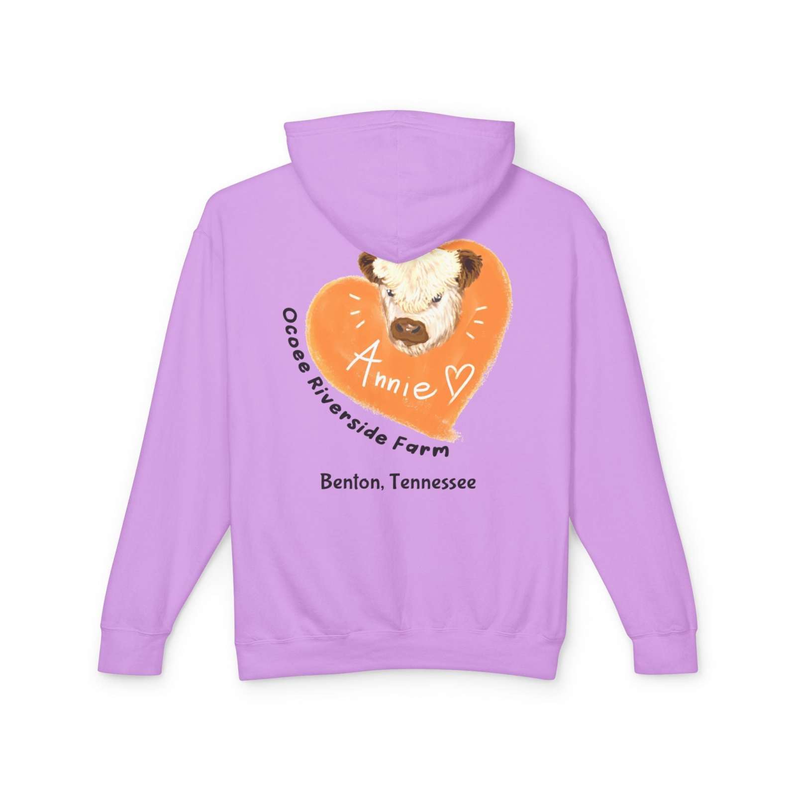 Lavender unisex hooded sweatshirt with adorable cow illustration and "Ocoee Riverside Farm Benton, Tennessee" text on the back.