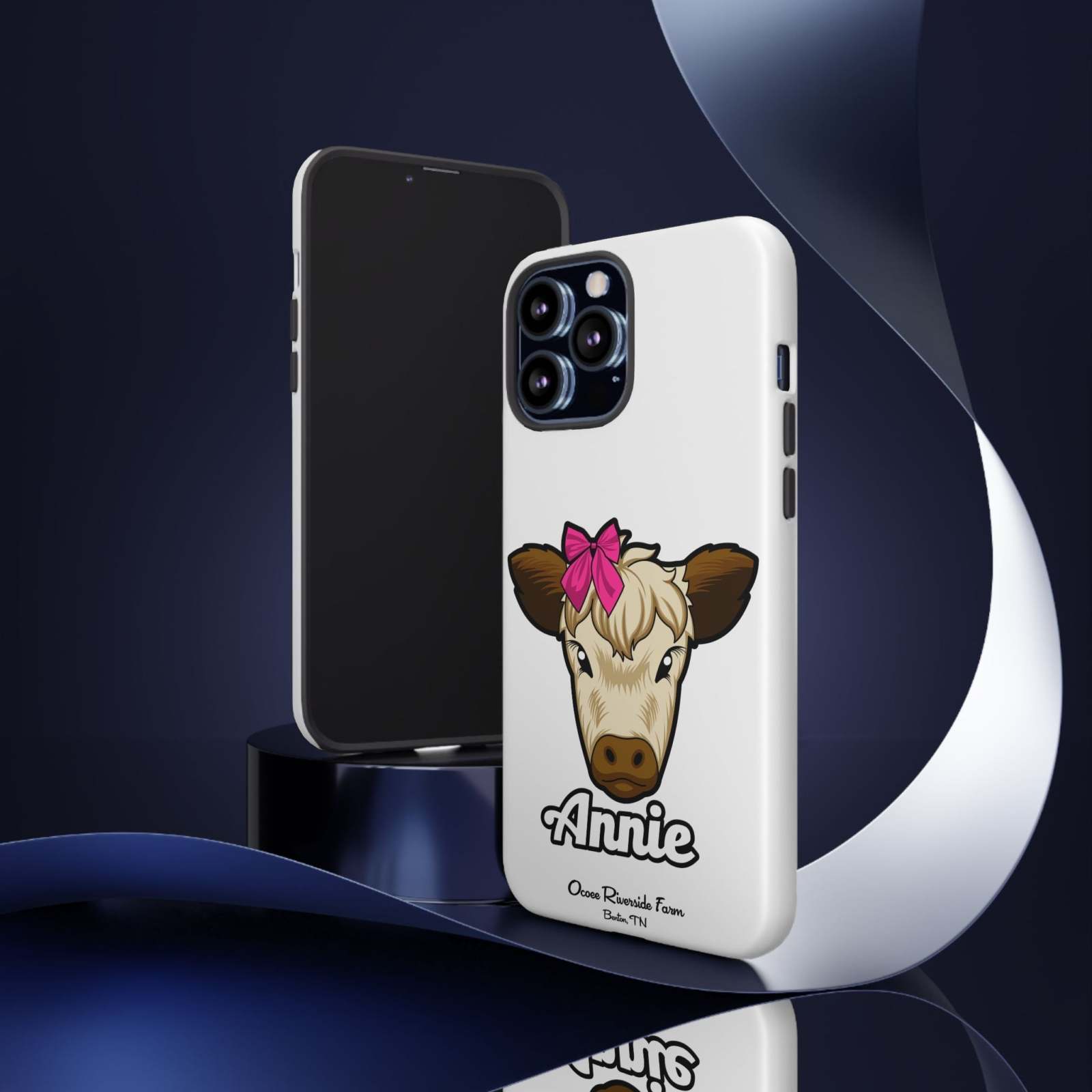 Cute cow phone case with red bow, perfect farm animal lover gift.
