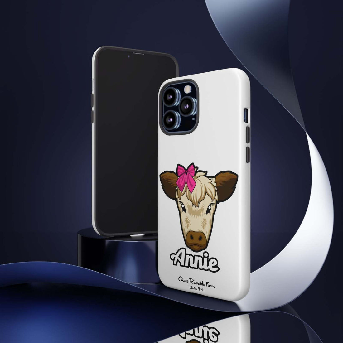 Cute cow phone case with red bow, perfect farm animal lover gift.