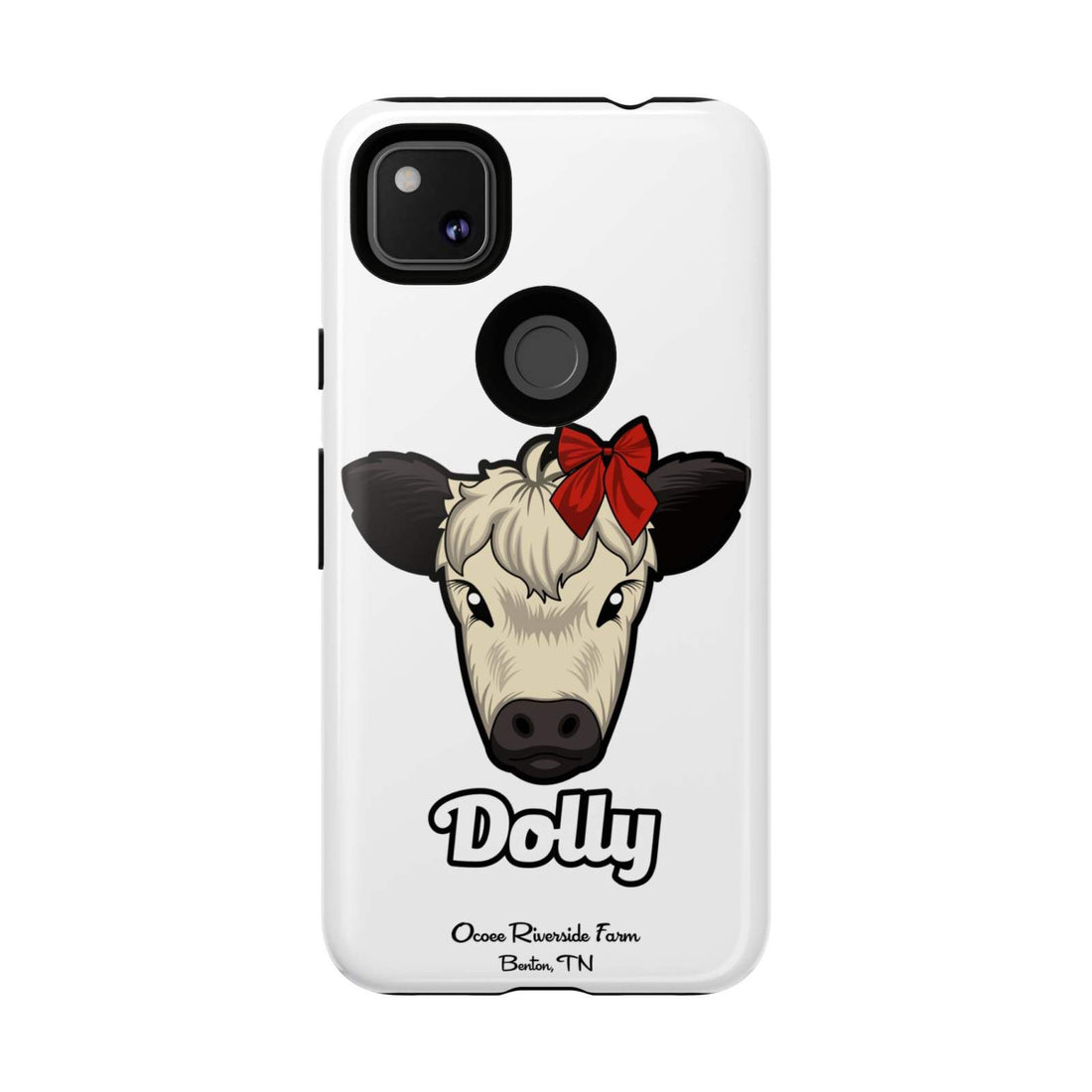 Farmhouse Chic Phone Case featuring Dolly the cow with a red bow and rustic country design on a white background