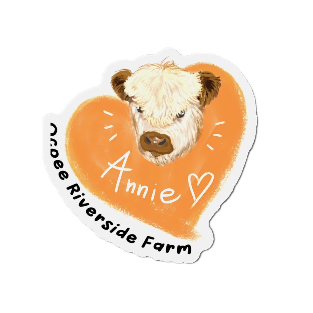 Cute cow design die-cut magnet with orange heart background and farm-themed text for home decor