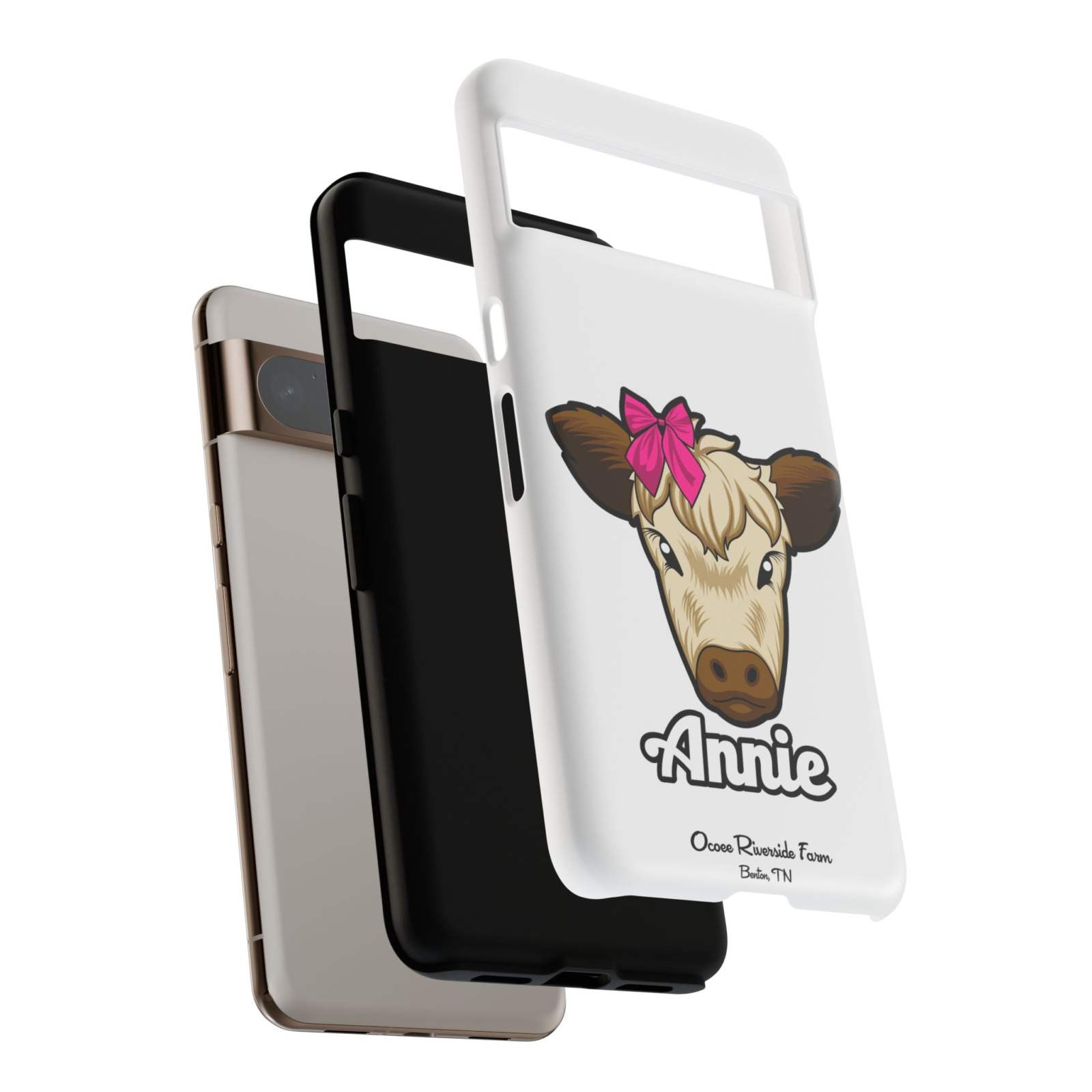 Cute cow phone case with red bow, perfect farm animal lover gift.