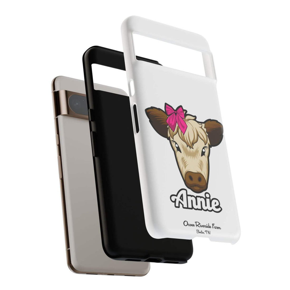 Cute cow phone case with red bow, perfect farm animal lover gift.